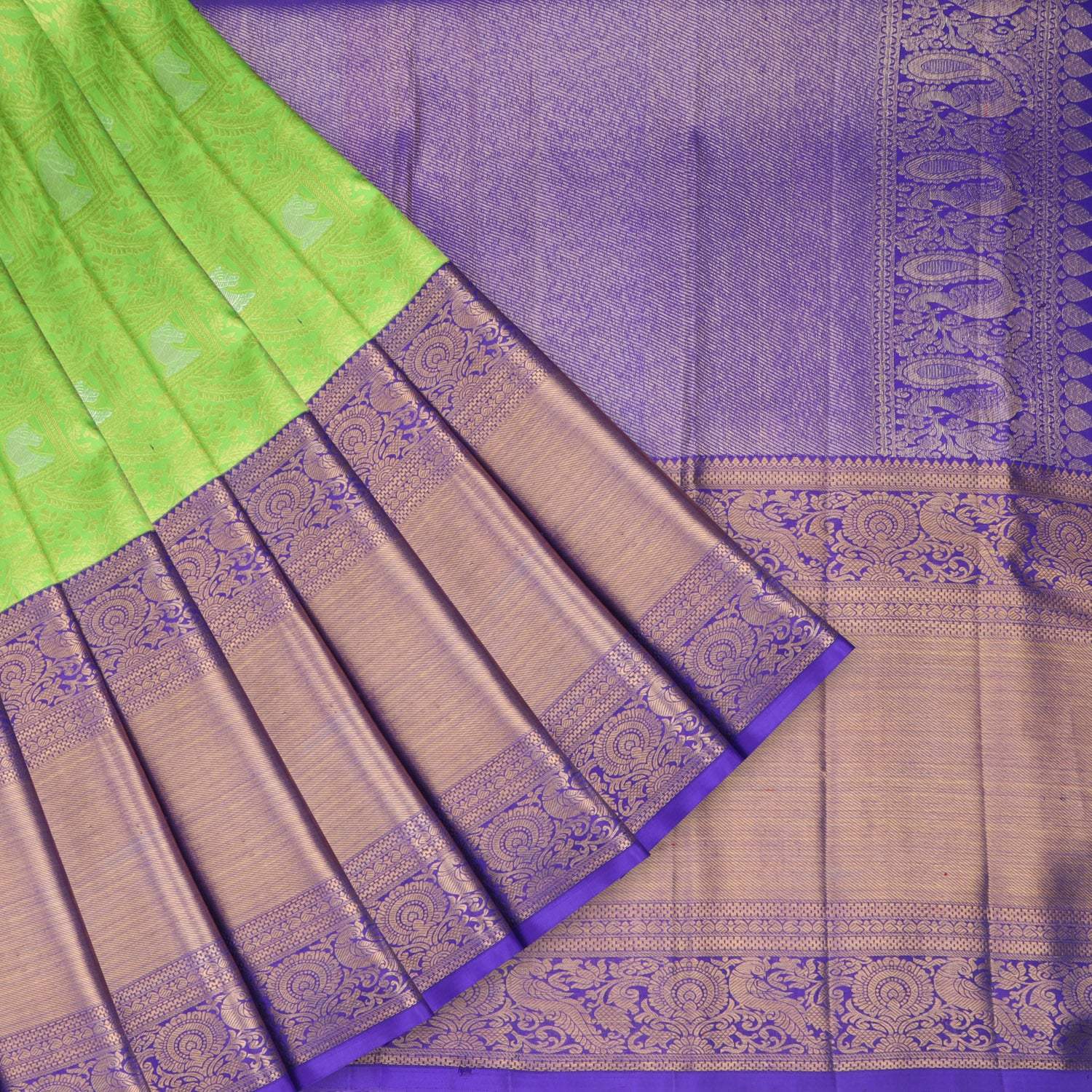 Bright Green Kanjivaram Silk Saree With Floral Pattern