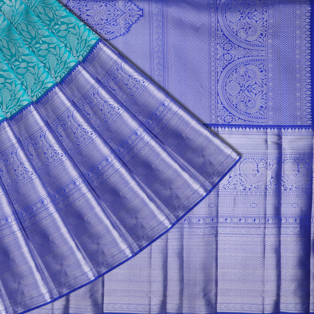 Cerulean Blue Kanjivaram Silk Saree With Floral And Bird Motifs