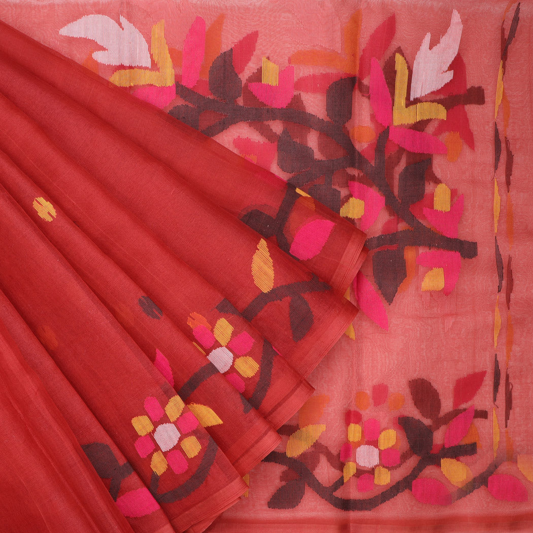 Brick Red Organza Jamdani Saree With Floral Pattern