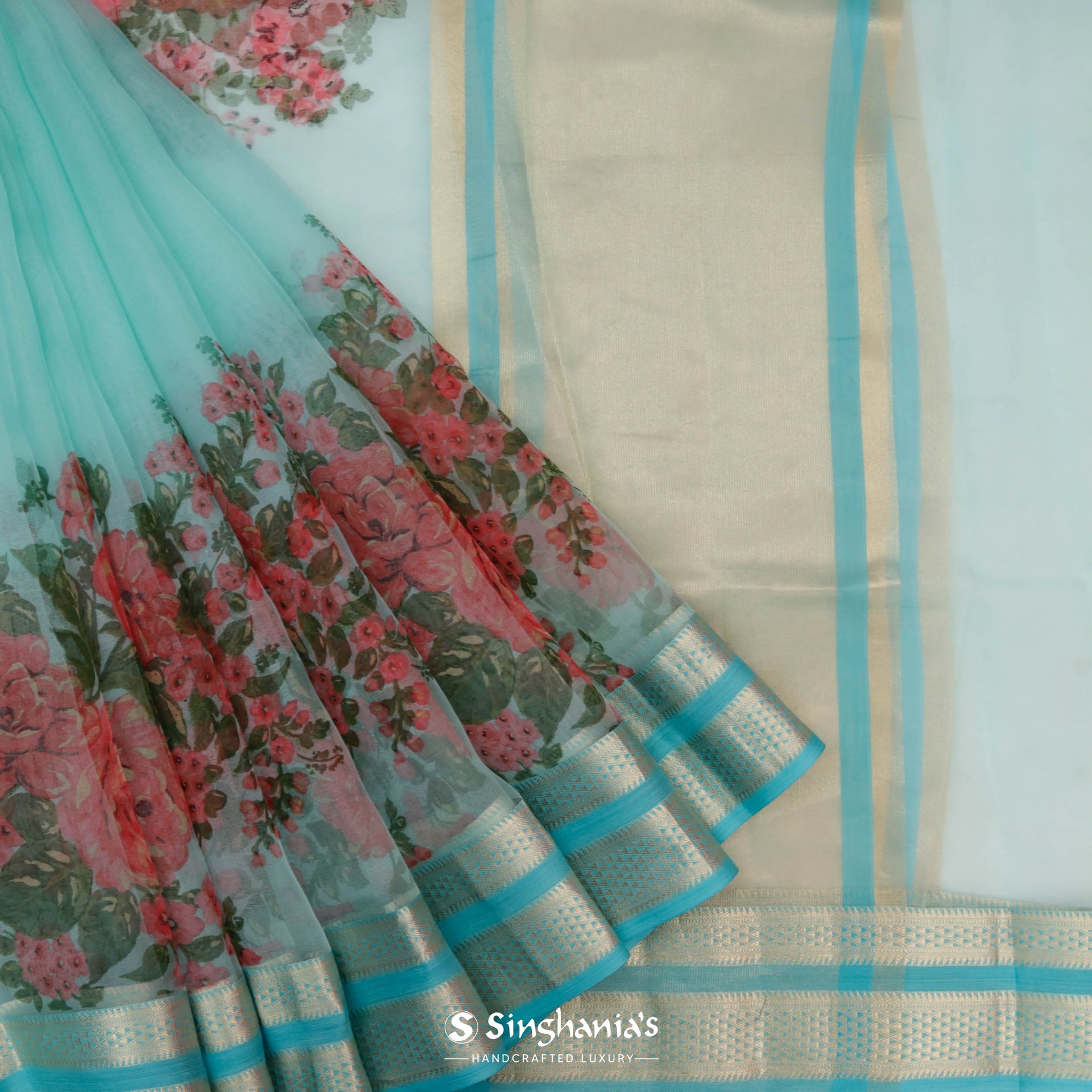 Turquoise Blue Maheshwari Printed Saree With Floral Buttas