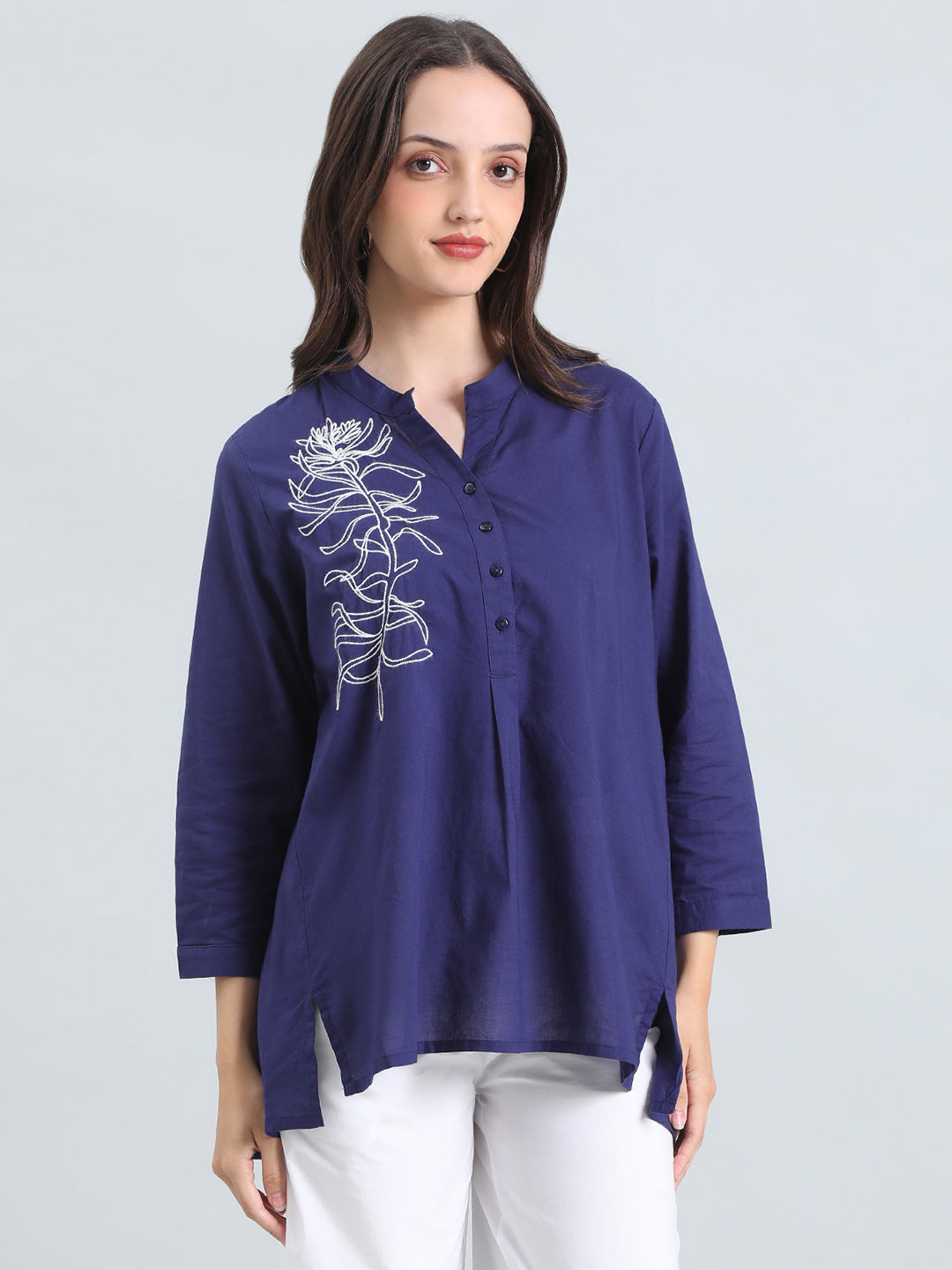 Cambric Cotton Thread Embroidered Mandarin Collar Longline Shirt