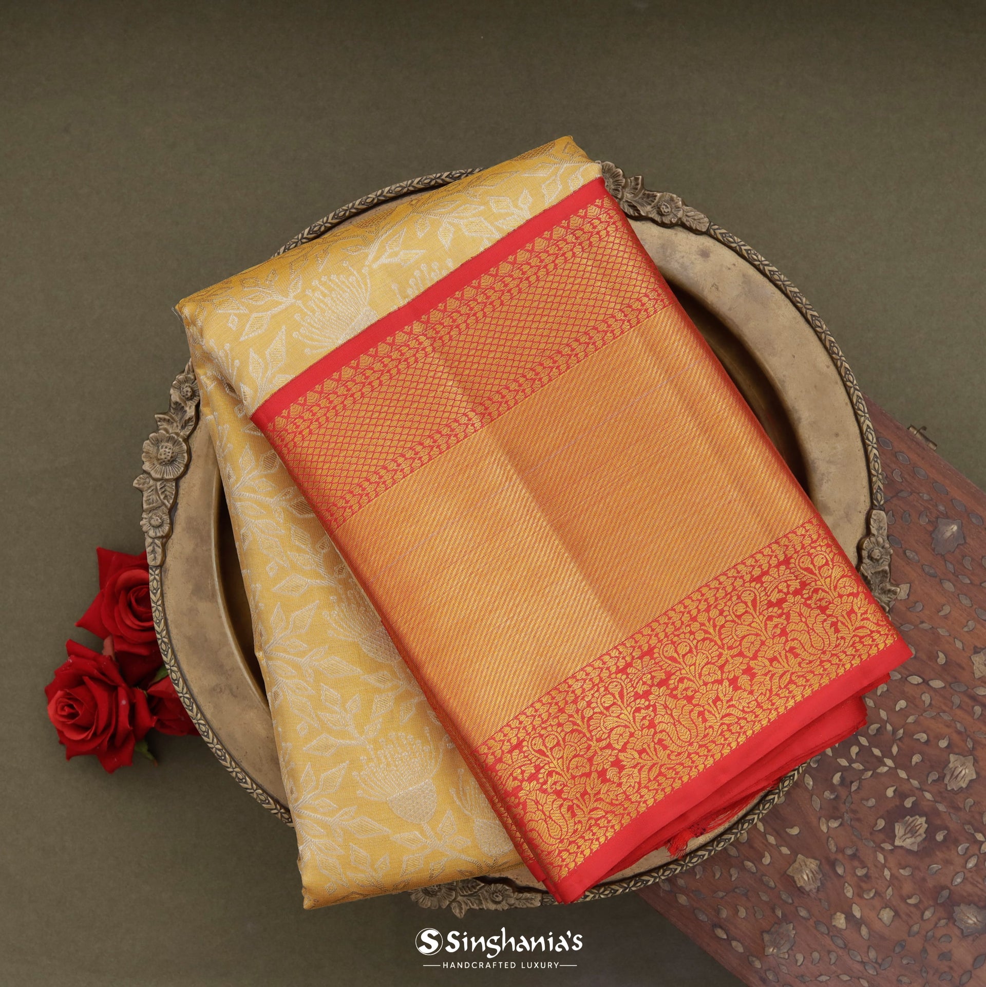 Crayola Yellow Kanjivaram Silk Saree With Floral Jaal Design