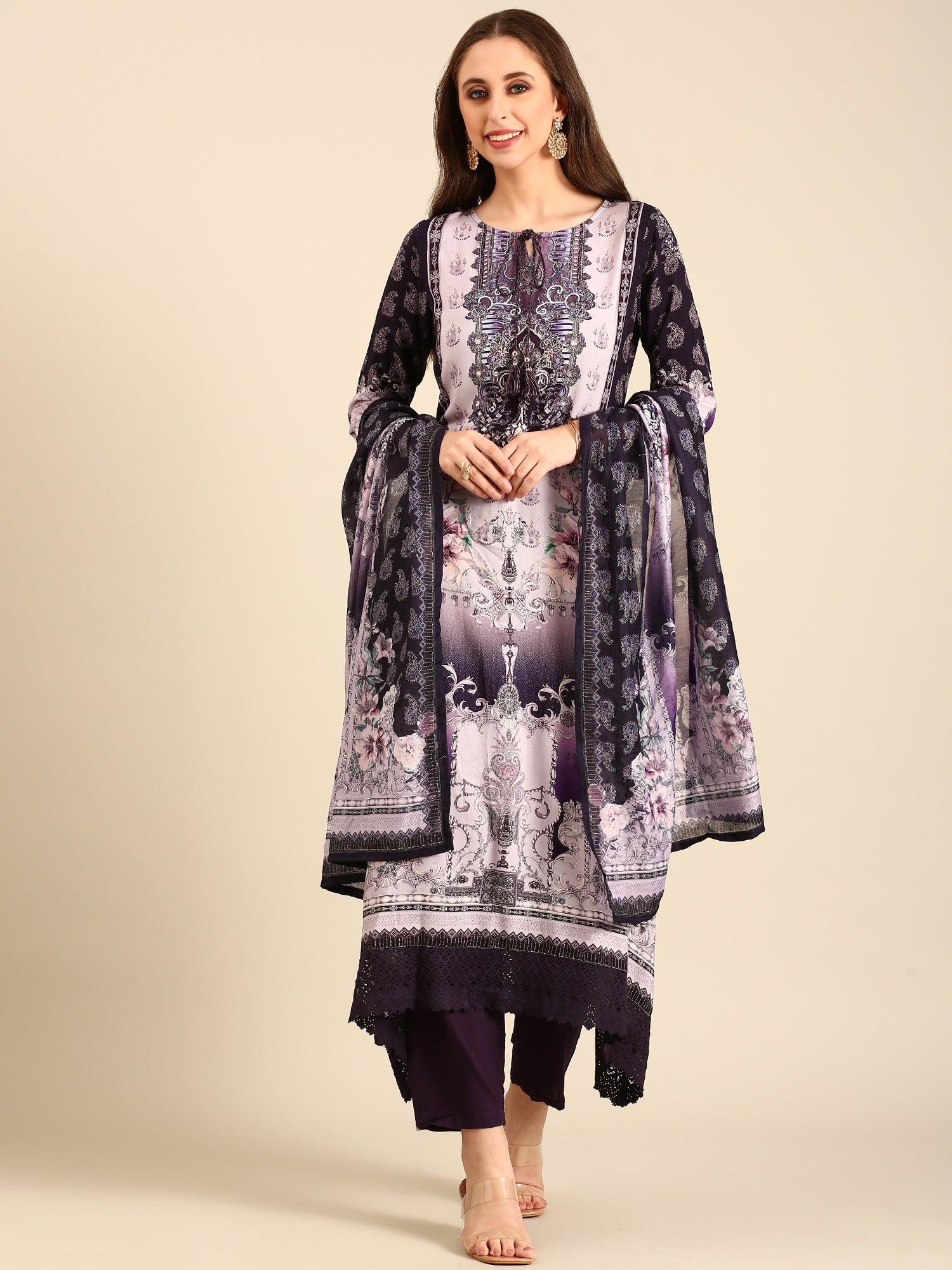 Deep Purple Rayon fabric three piece printed suit