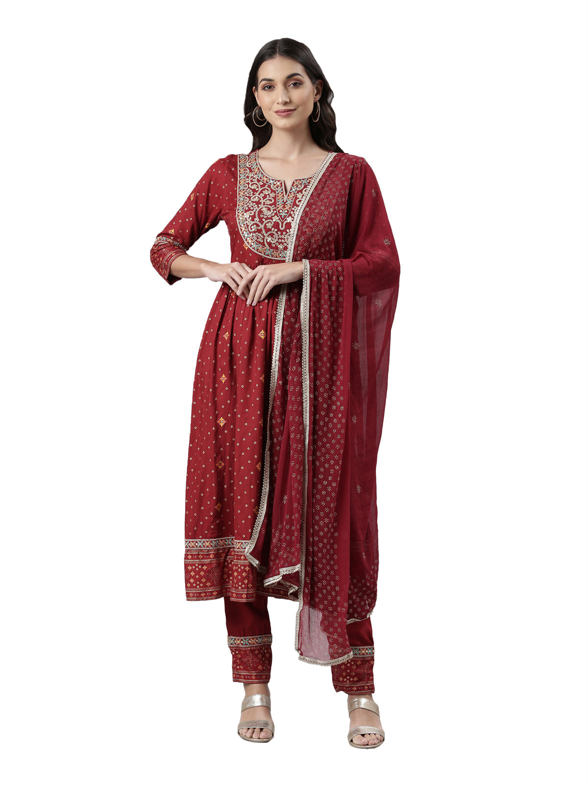 Neeru's Maroon Regular Calf Length Printed Kurta Printed Trousers With Dupatta