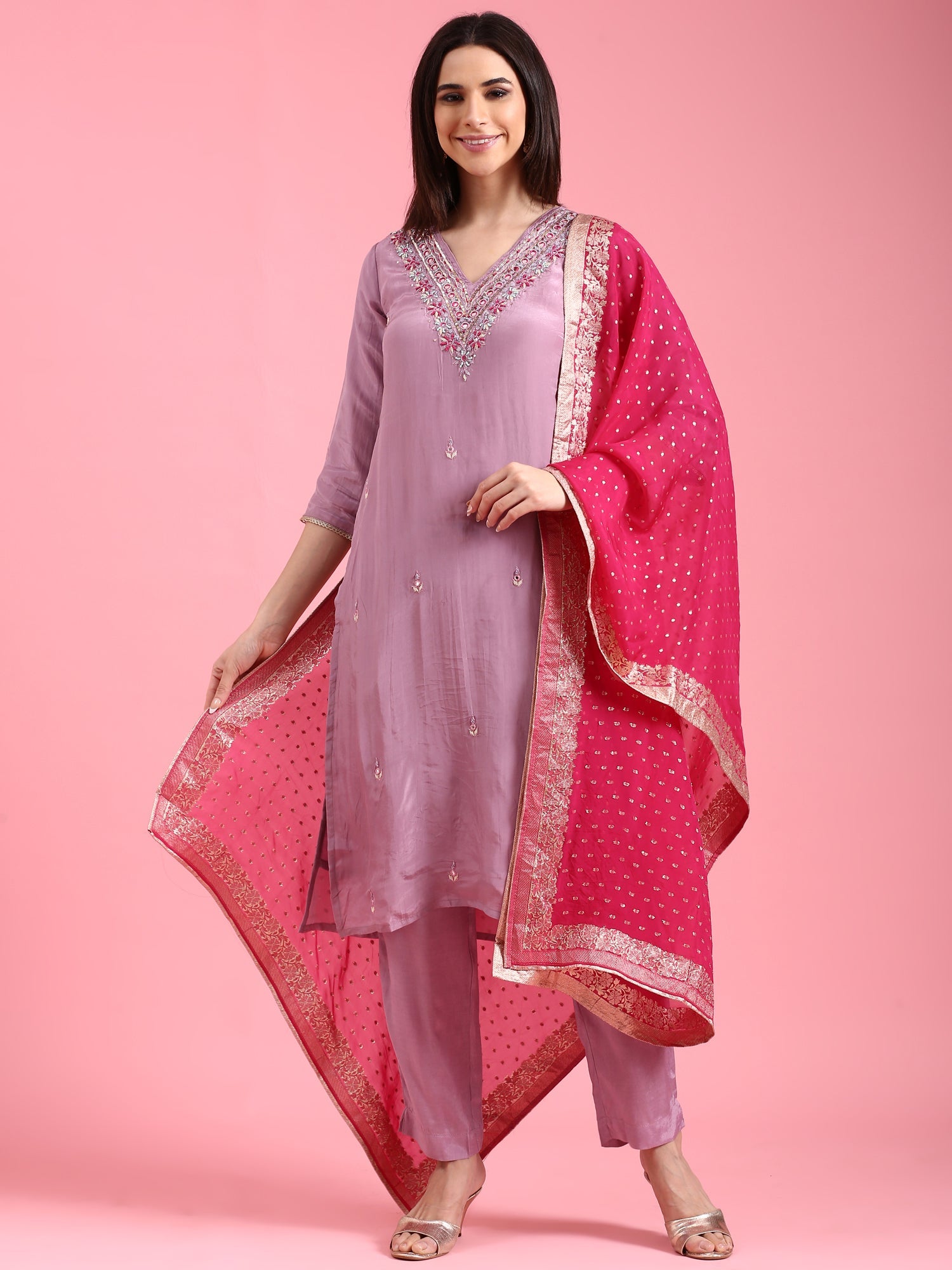 Lilac Organza Hand Embroidery Three Piece Suit Set