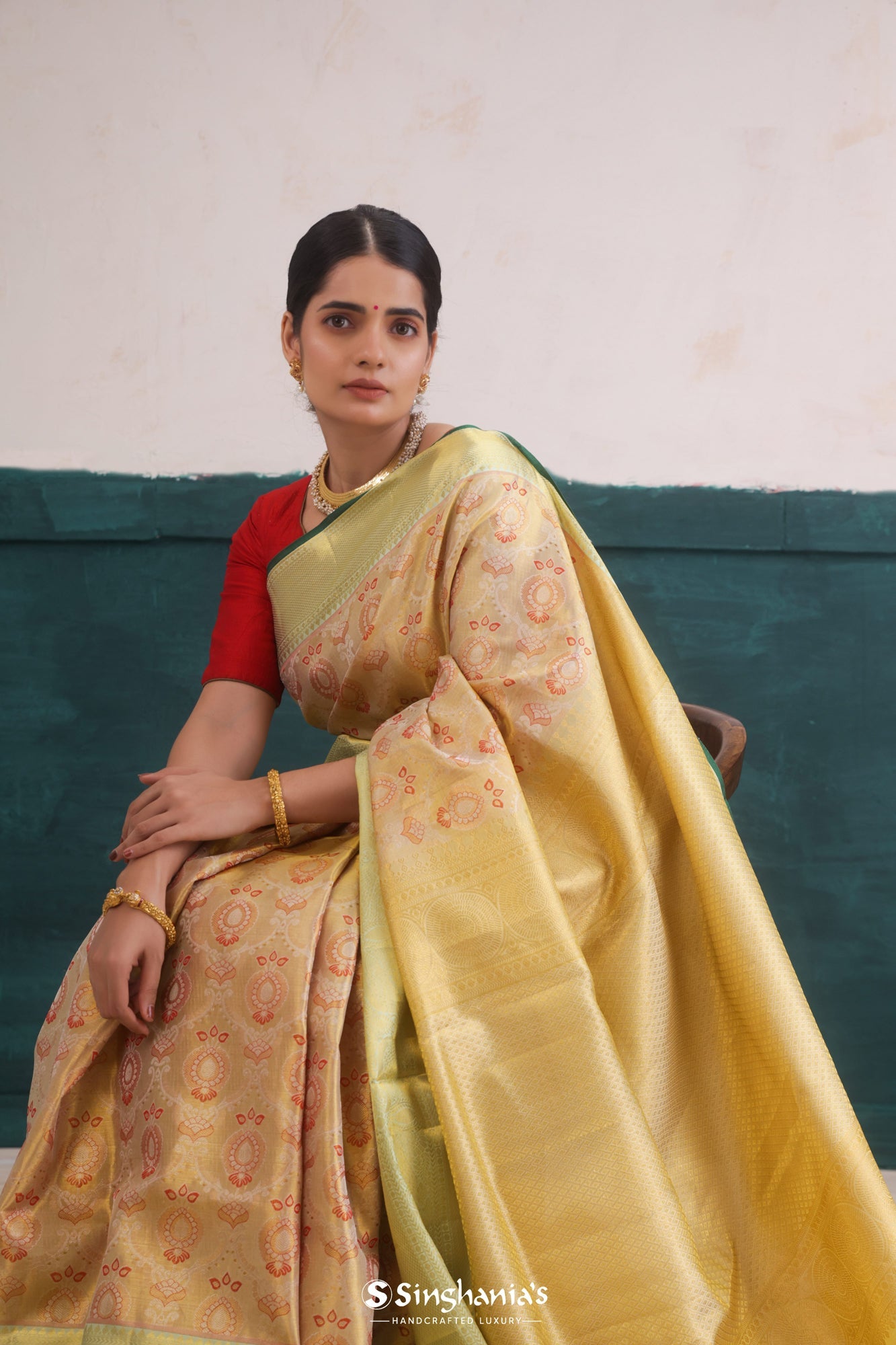 Gold Yellow Floral Jaal Kanjivaram Silk Saree