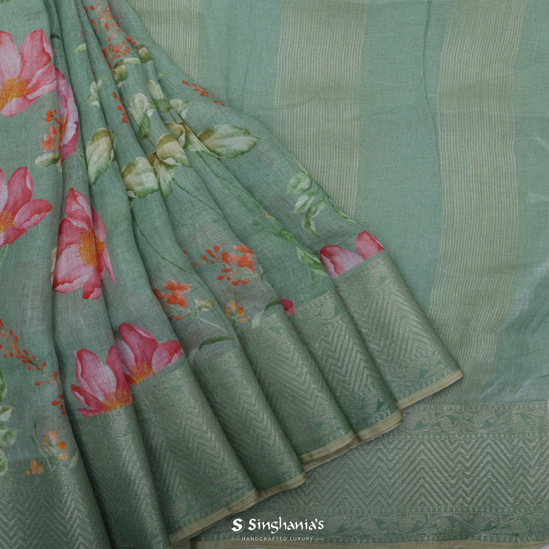 Viridian Green Printed Linen Saree With Floral Jaal Design