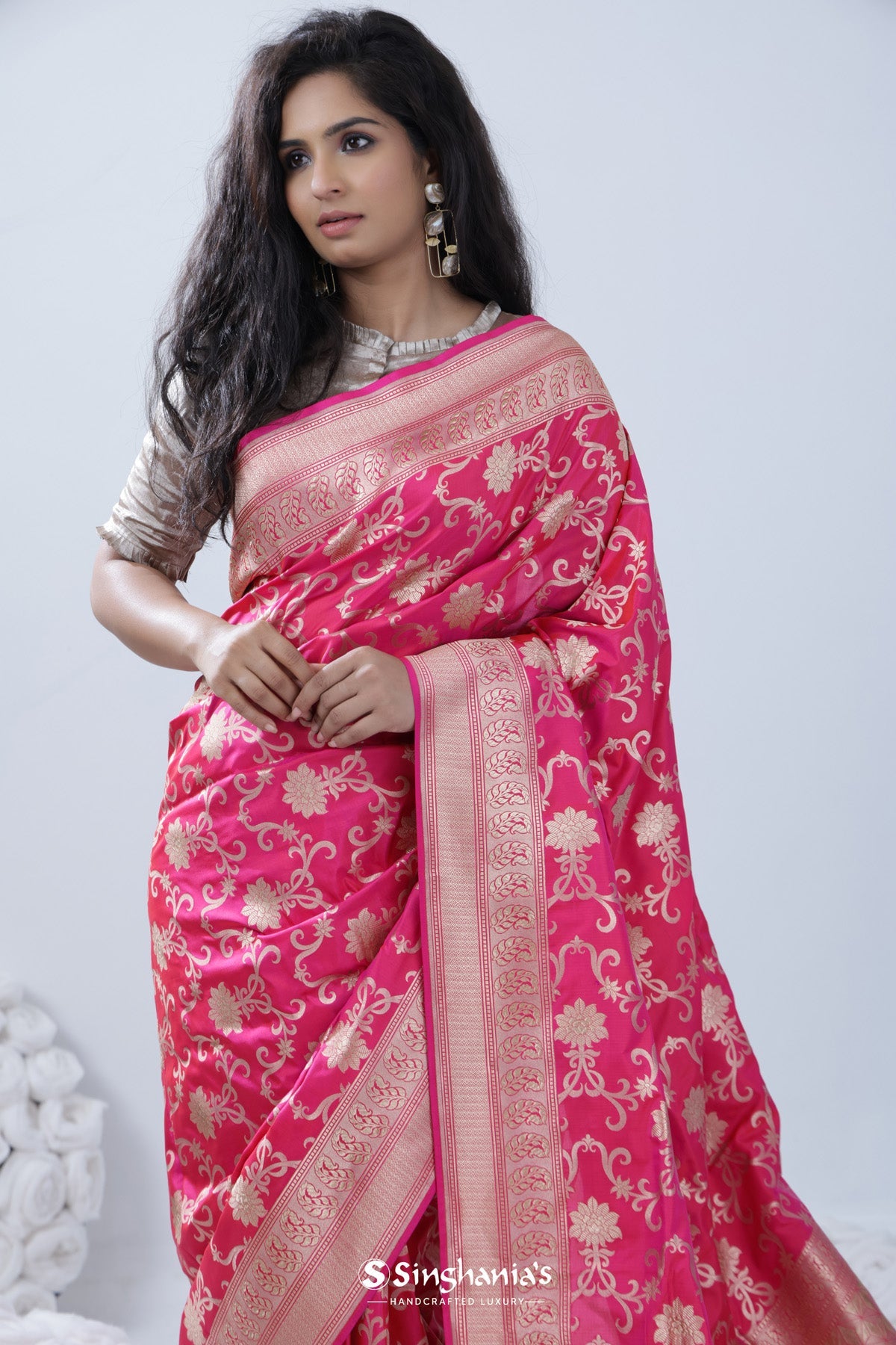 French Pink Banarasi Silk Saree With Floral Jaal