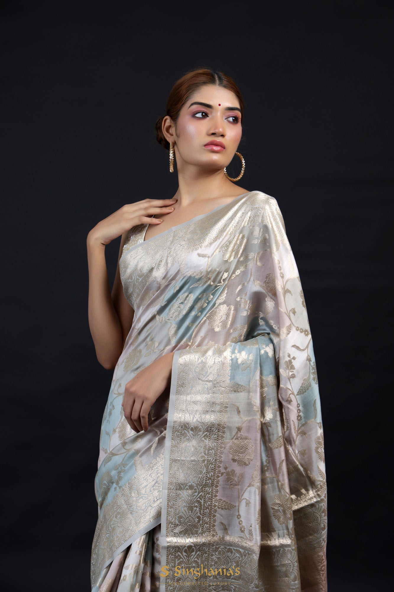 Silver Grey Chiniyan Banarasi Silk Saree With Floral Weaving