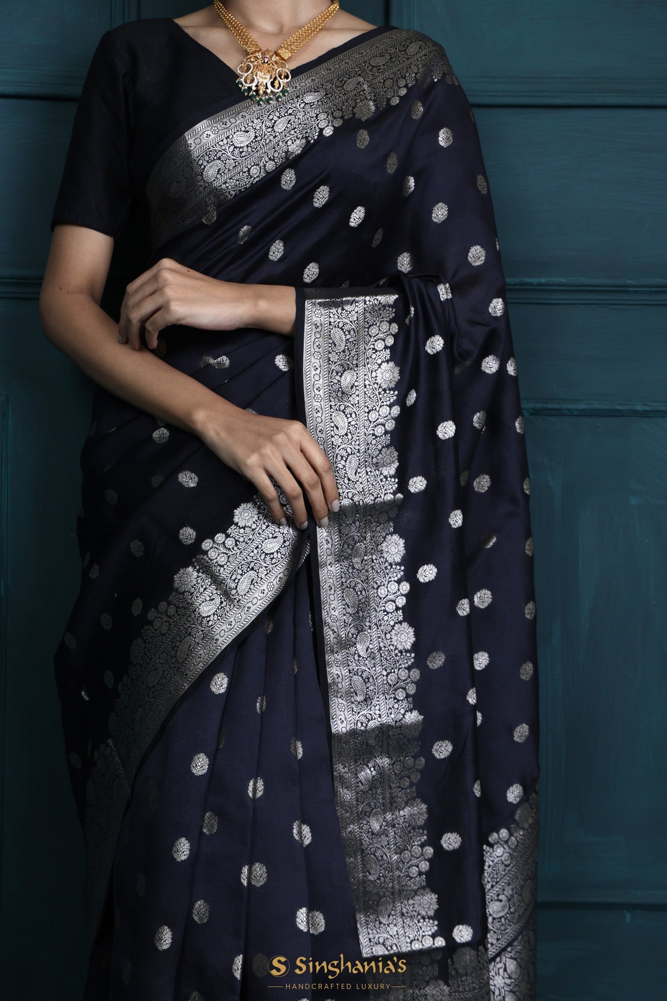 Cool Black Chiniyan Banarasi Silk Saree With Buttis Weaving
