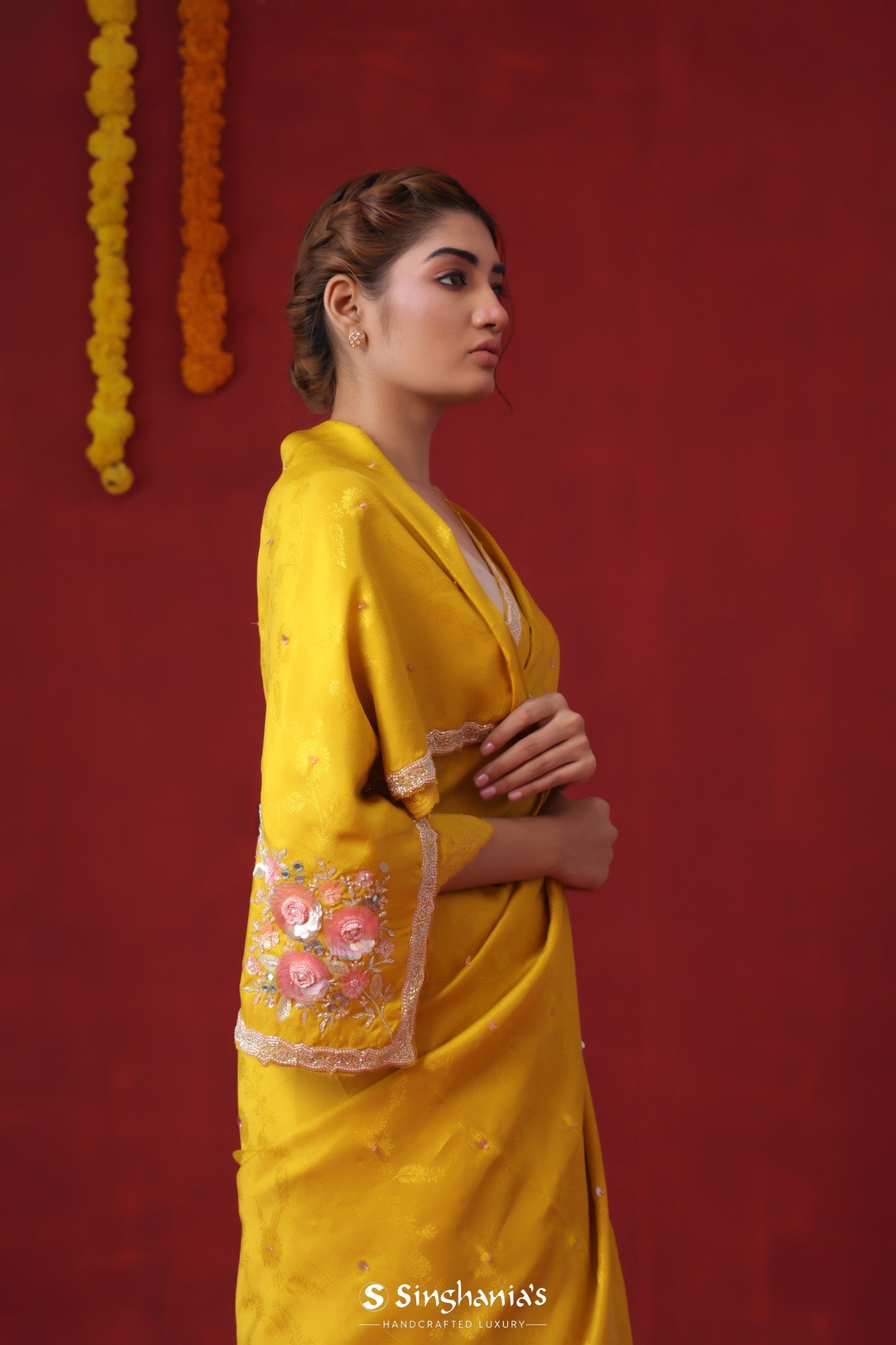 Canary Yellow Modal Satin Saree With Hand Embroidery