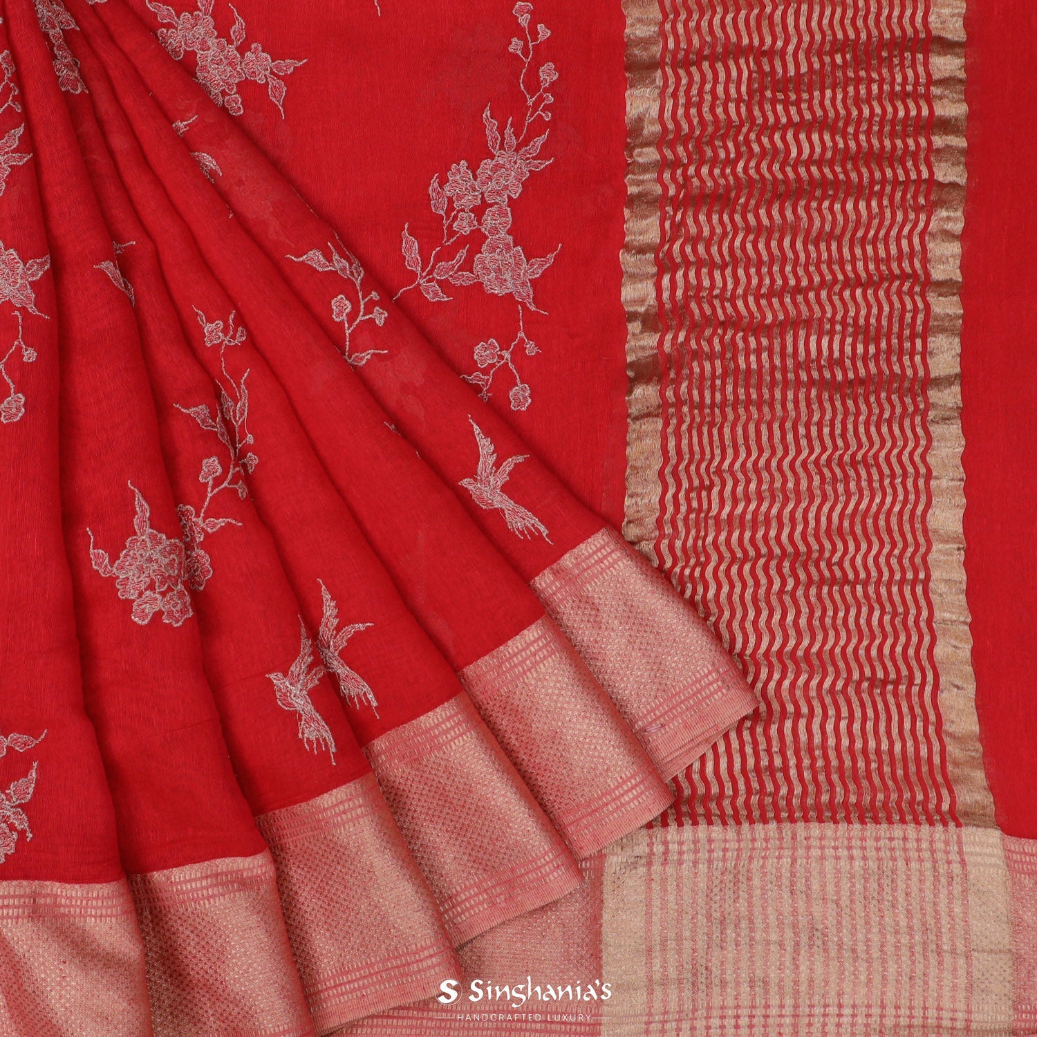 Alizarin Crimson Red Chanderi Silk Saree With Zari Embroidery In Floral-Birds Pattern