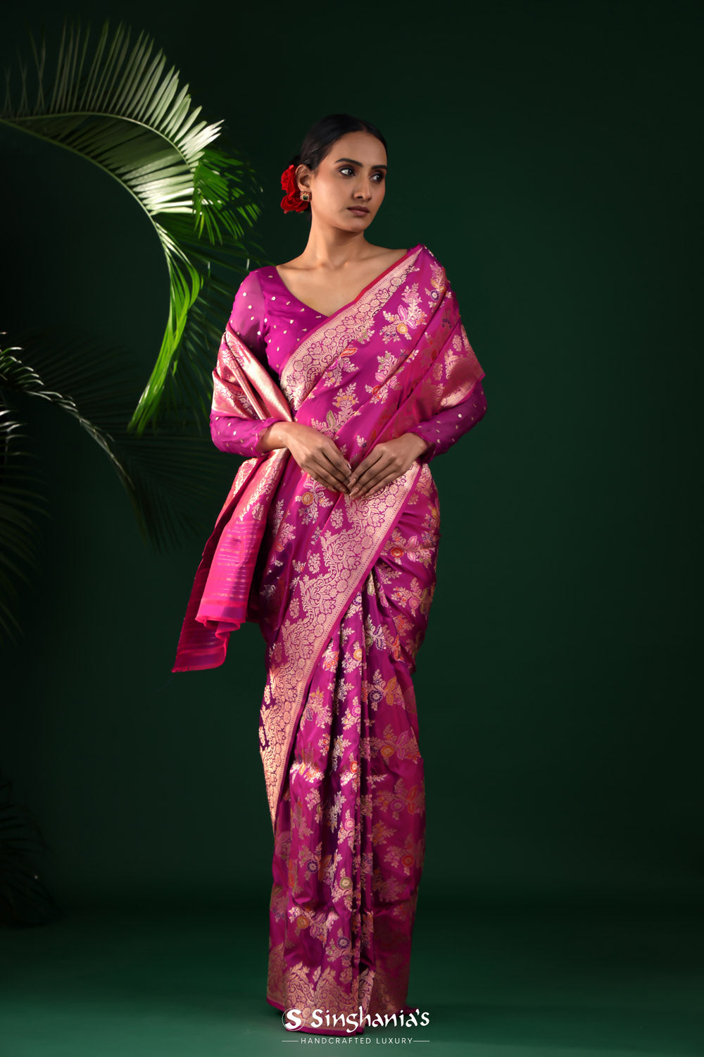 Deep Pink-Purple Banarasi with Chevron Meenakari Weave