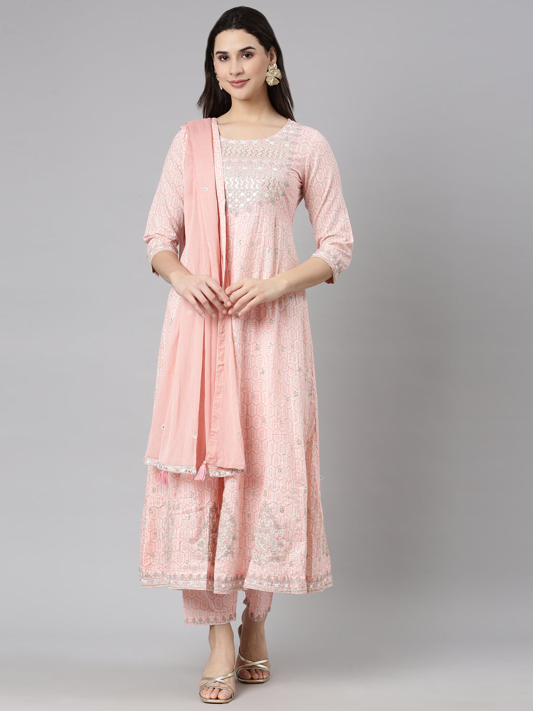 Neerus Peach Regular Straight Floral Kurta And  Trousers With Dupatta