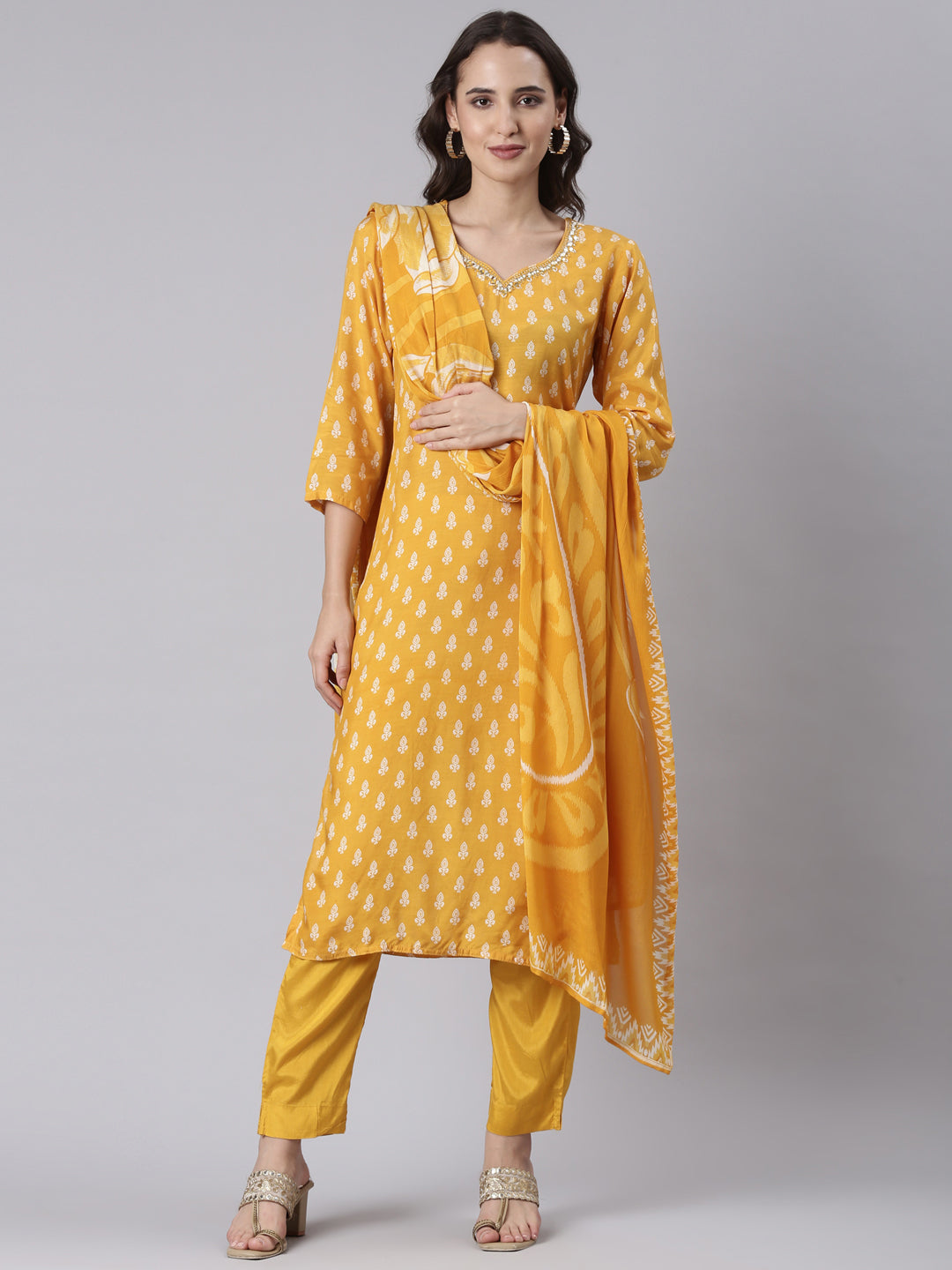 Mustard muslin printed three piece set