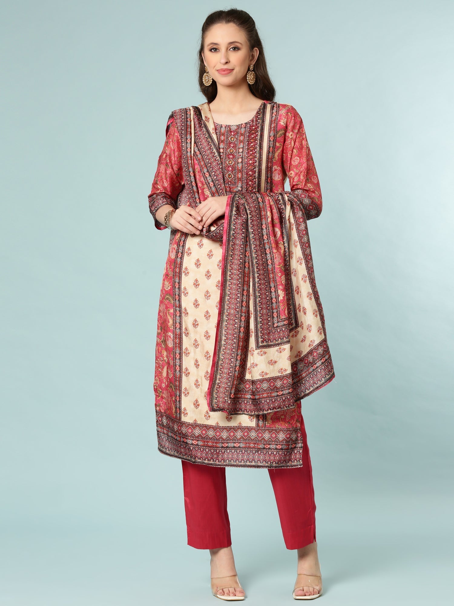 Deep Caramine Dola Silk Printed Three Piece Set