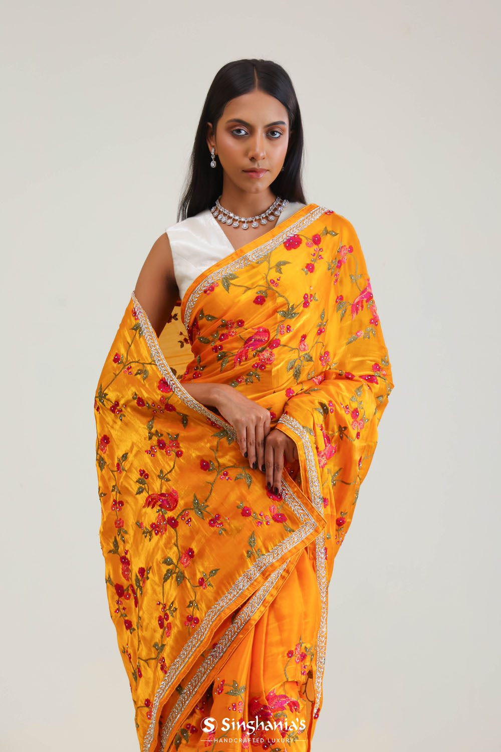Amber Yellow Jaali Crafted Organza Saree