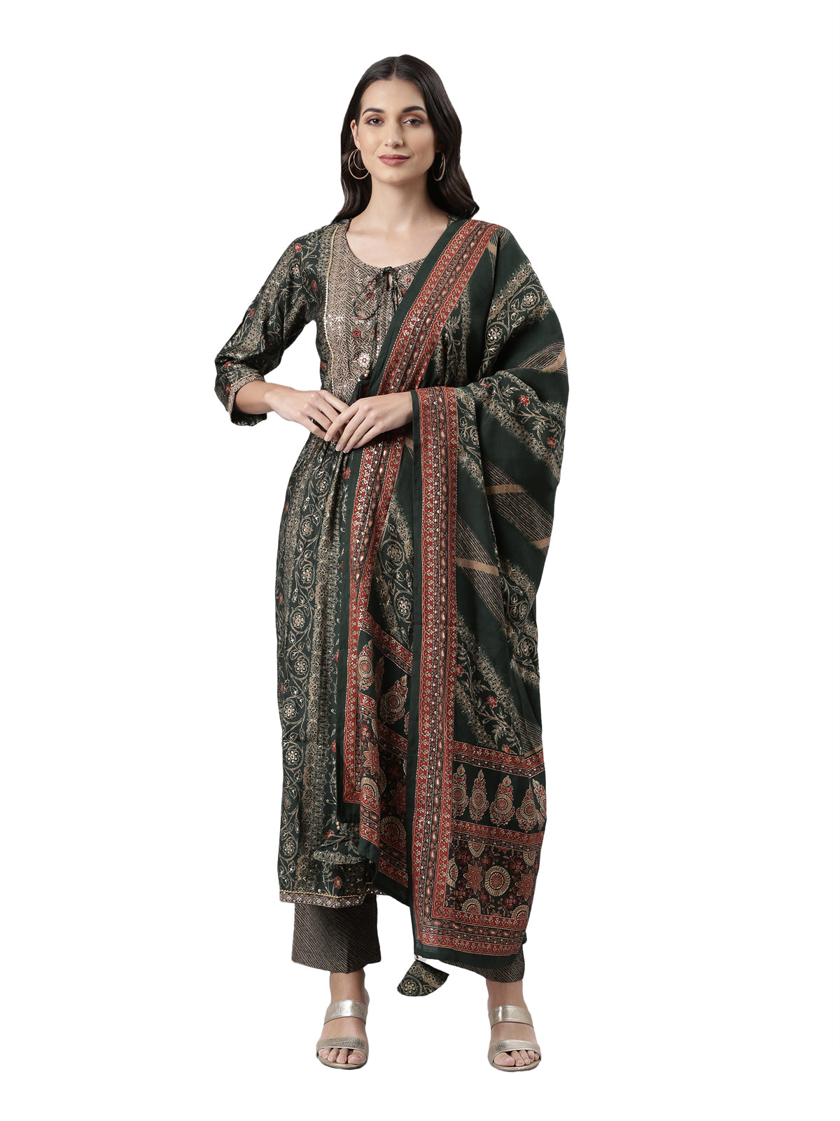 Neeru's Green Regular Calf Length Printed Kurta Printed Trousers With Dupatta