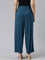 Women Solid Turquoise Blue Viscose Mid Rise Knit Palazzos