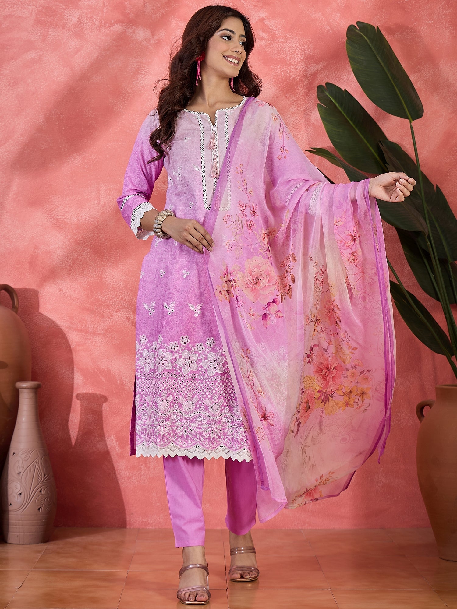 Lavender Embroidered Floral Cotton Kurta Set