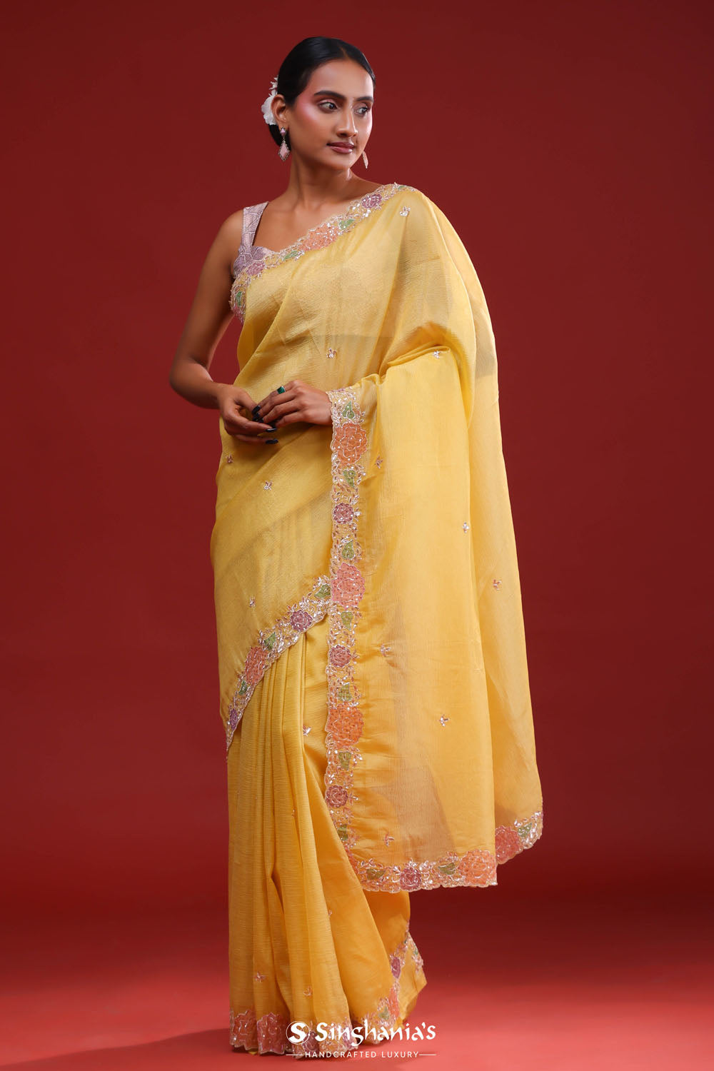Gold Yellow Crafted Tissue Saree