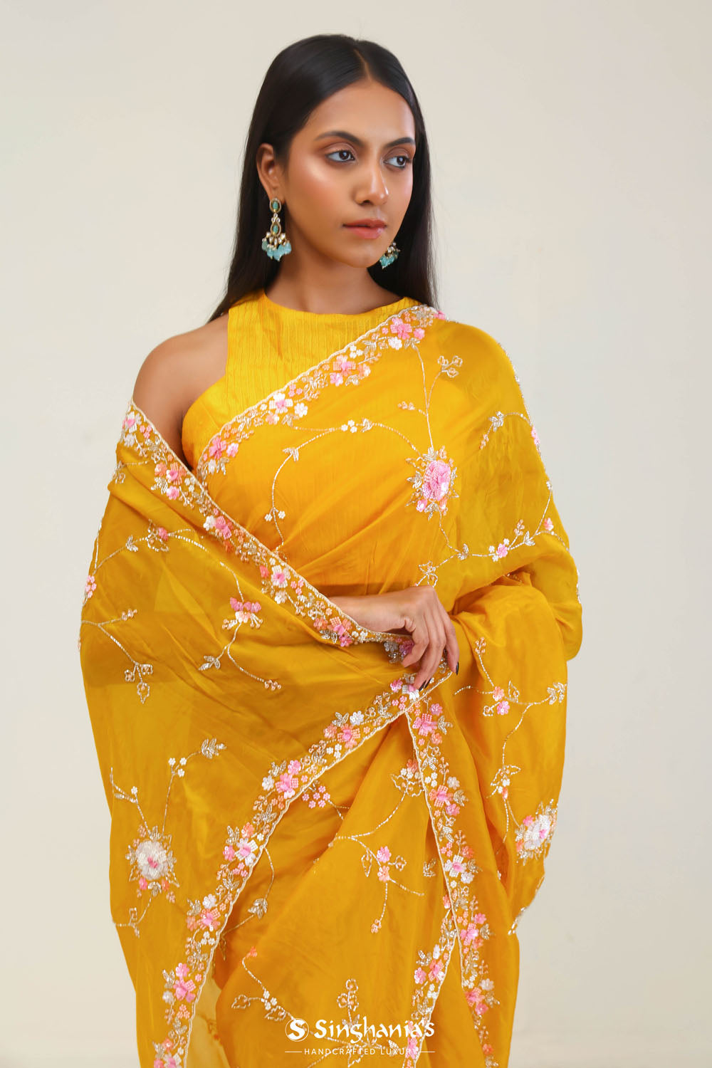 Amber Yellow Crafted Jaali Organza Saree