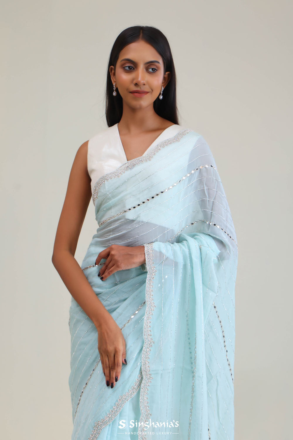 Ice Blue Tissue Saree With Embroidery Detail