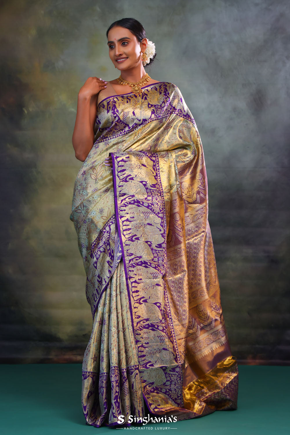 Jalli Kanjivaram Silk Saree In Blue Gold