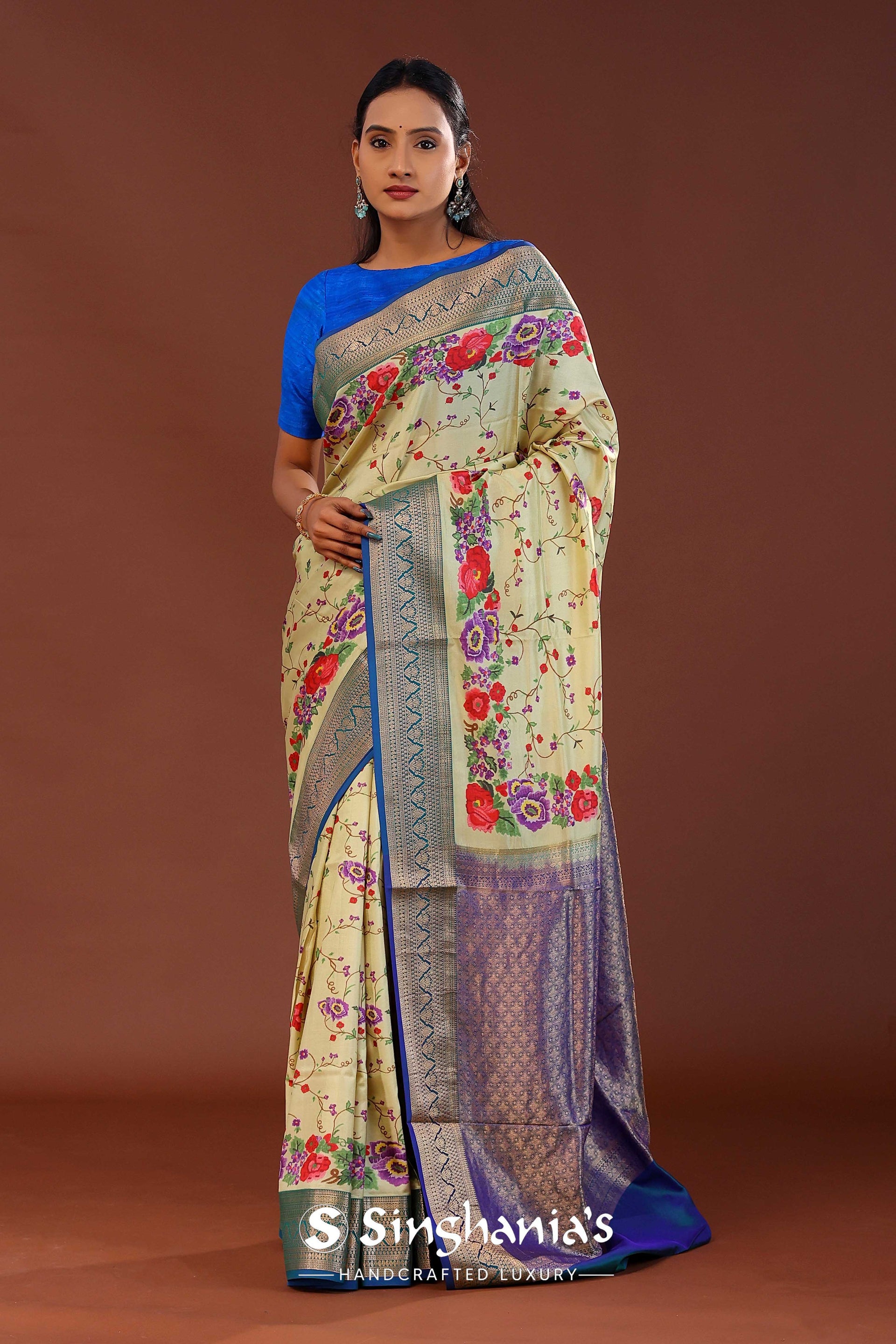 Banana Cream Digital Printed Kanjivaram Saree