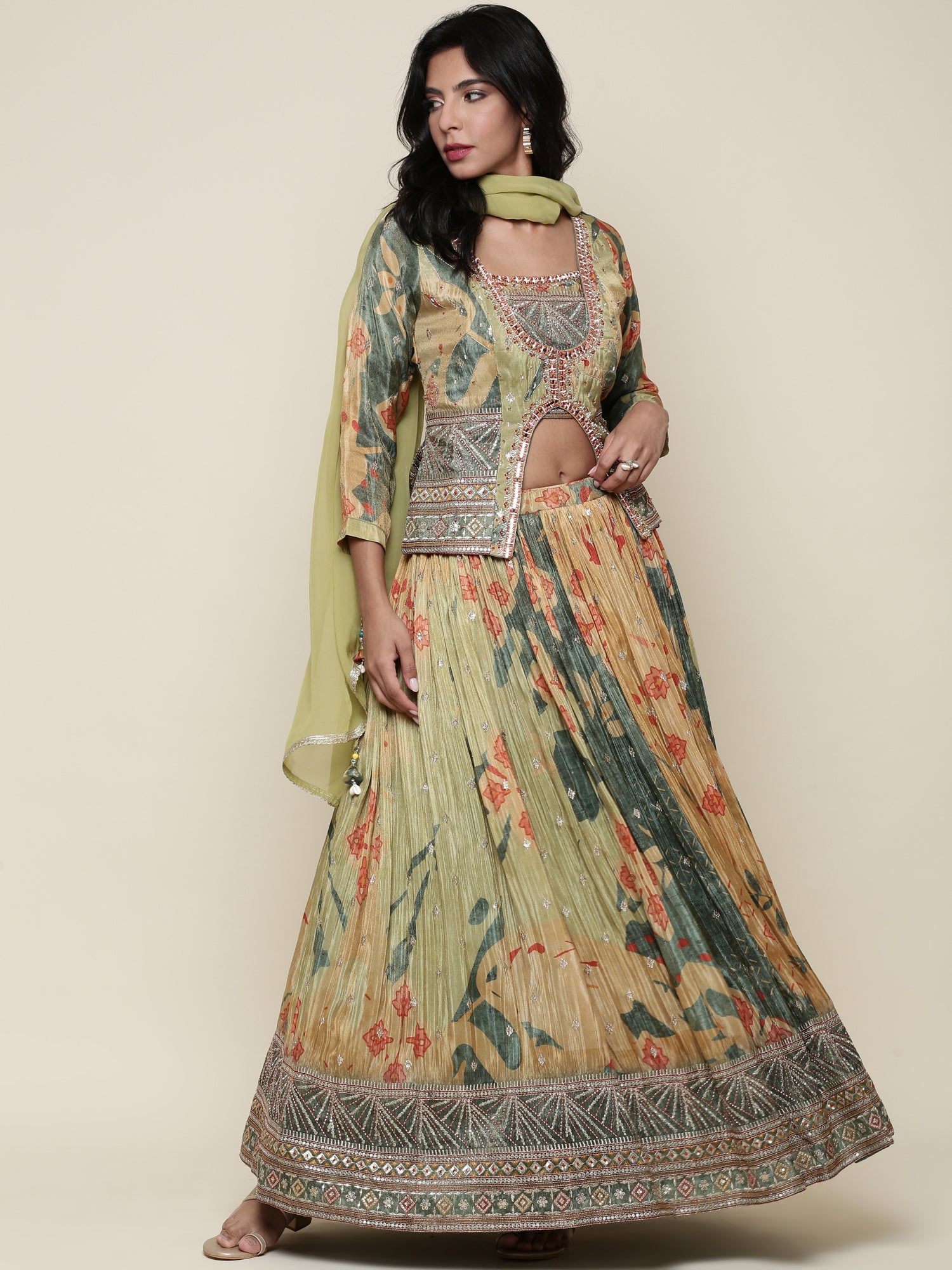 Green tissue embroidered jacket ghagra set