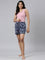 Women Printed Blue Cotton Knit Lounge Shorts