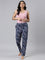 Women Printed Blue Cotton Knit Lounge Pants