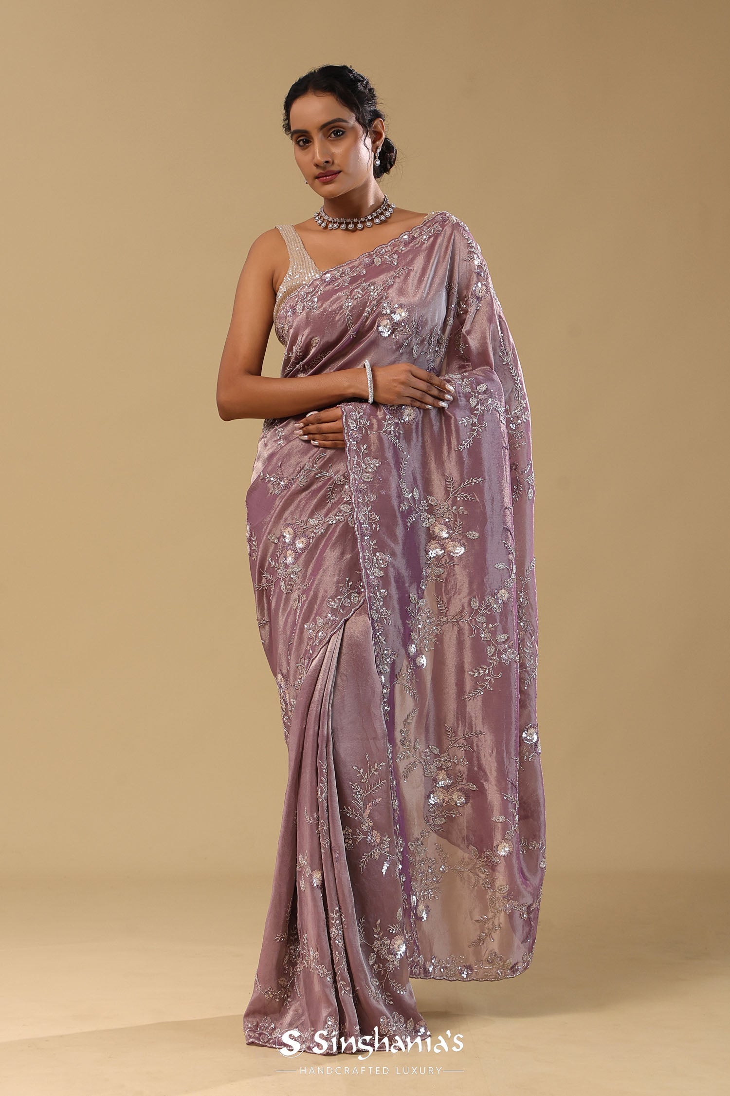 Amethyst Purple Organza Tissue Saree With Scallop Border
