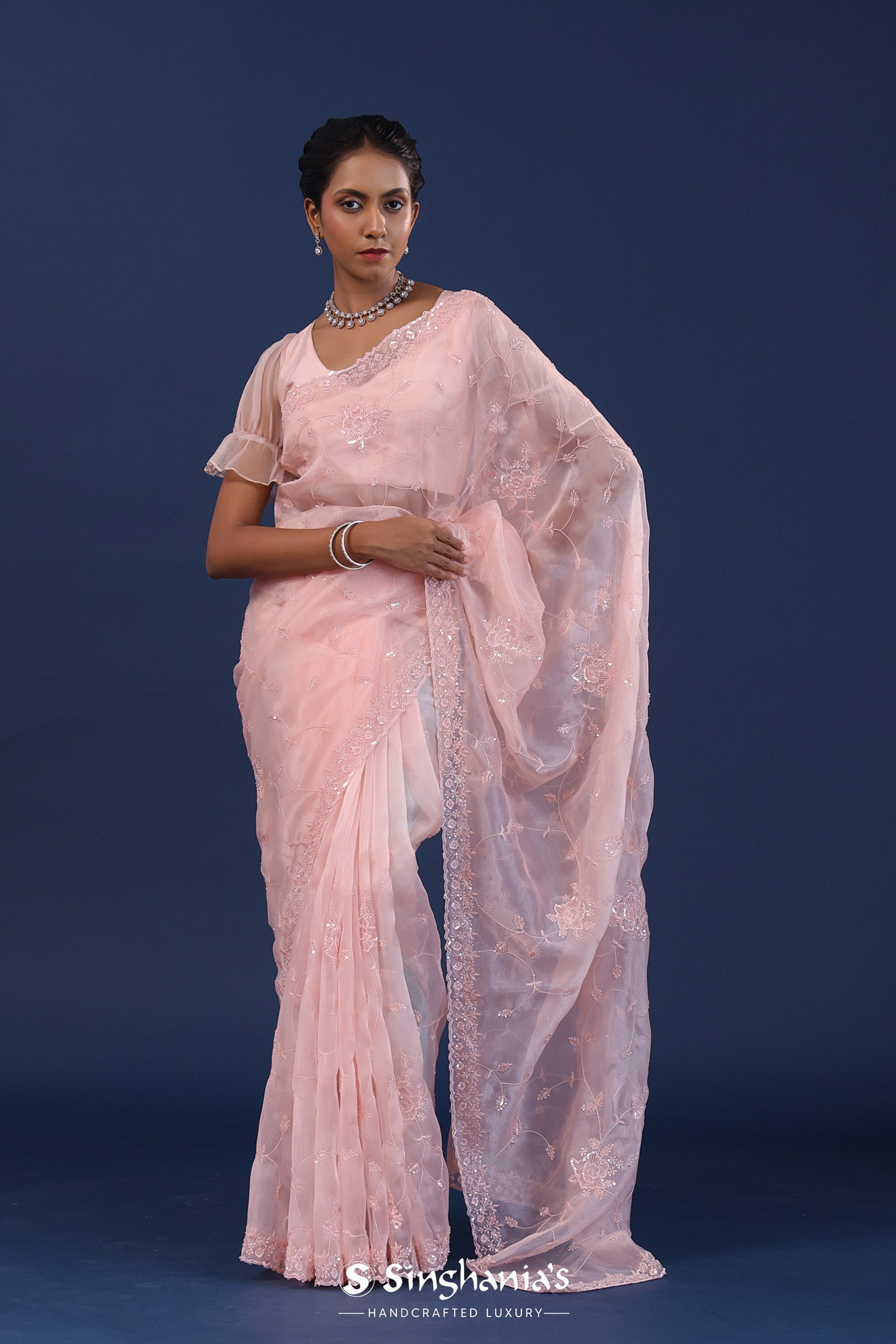 Pastel Soft Pink Organza Saree With Sequin Work