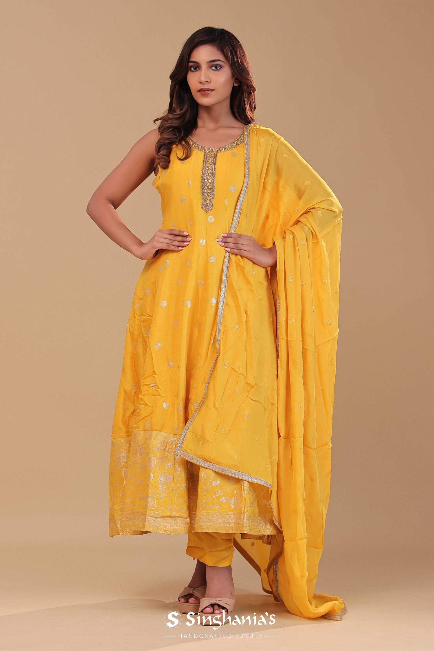 Amber Yellow Silk Anarkali Set