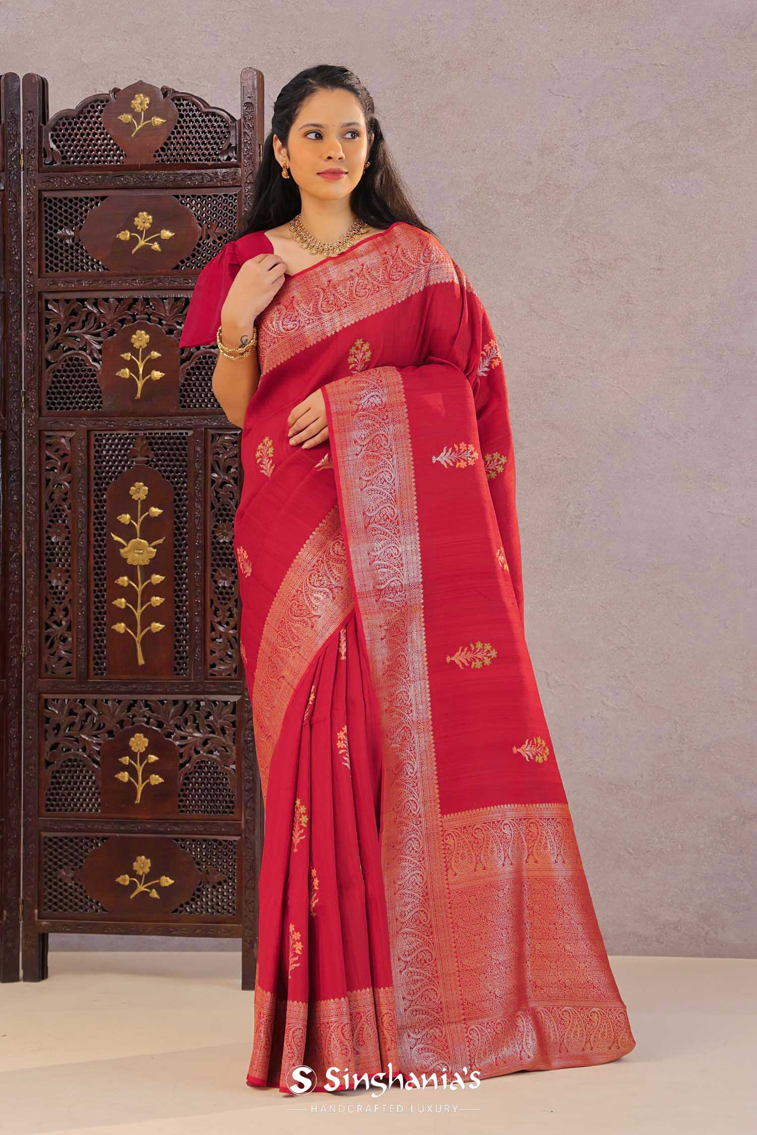 Cherry Red Munga Tussar Saree With Meenakari Butta