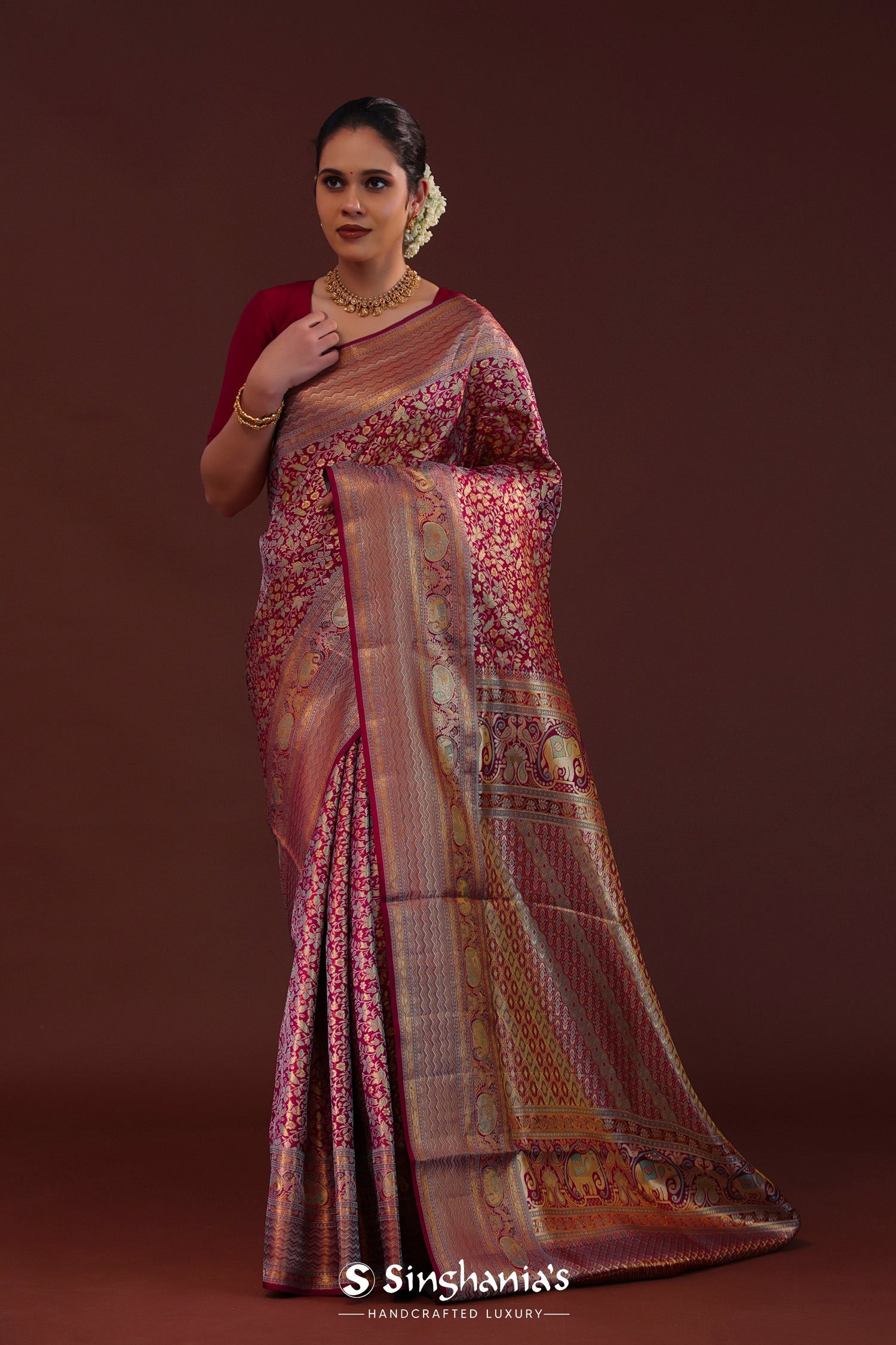 Burgundy Kanjivaram Tissue Saree With Leaf And Floral Jaal