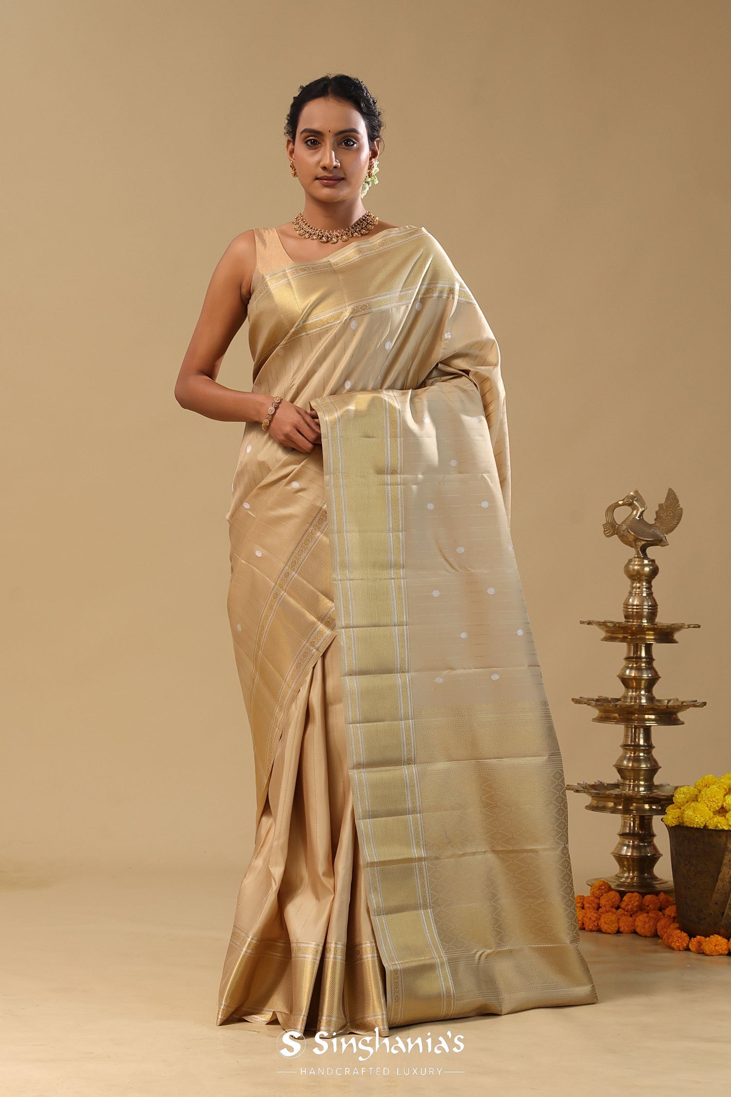 Beige Kanjivaram Silk Saree With Stripes
