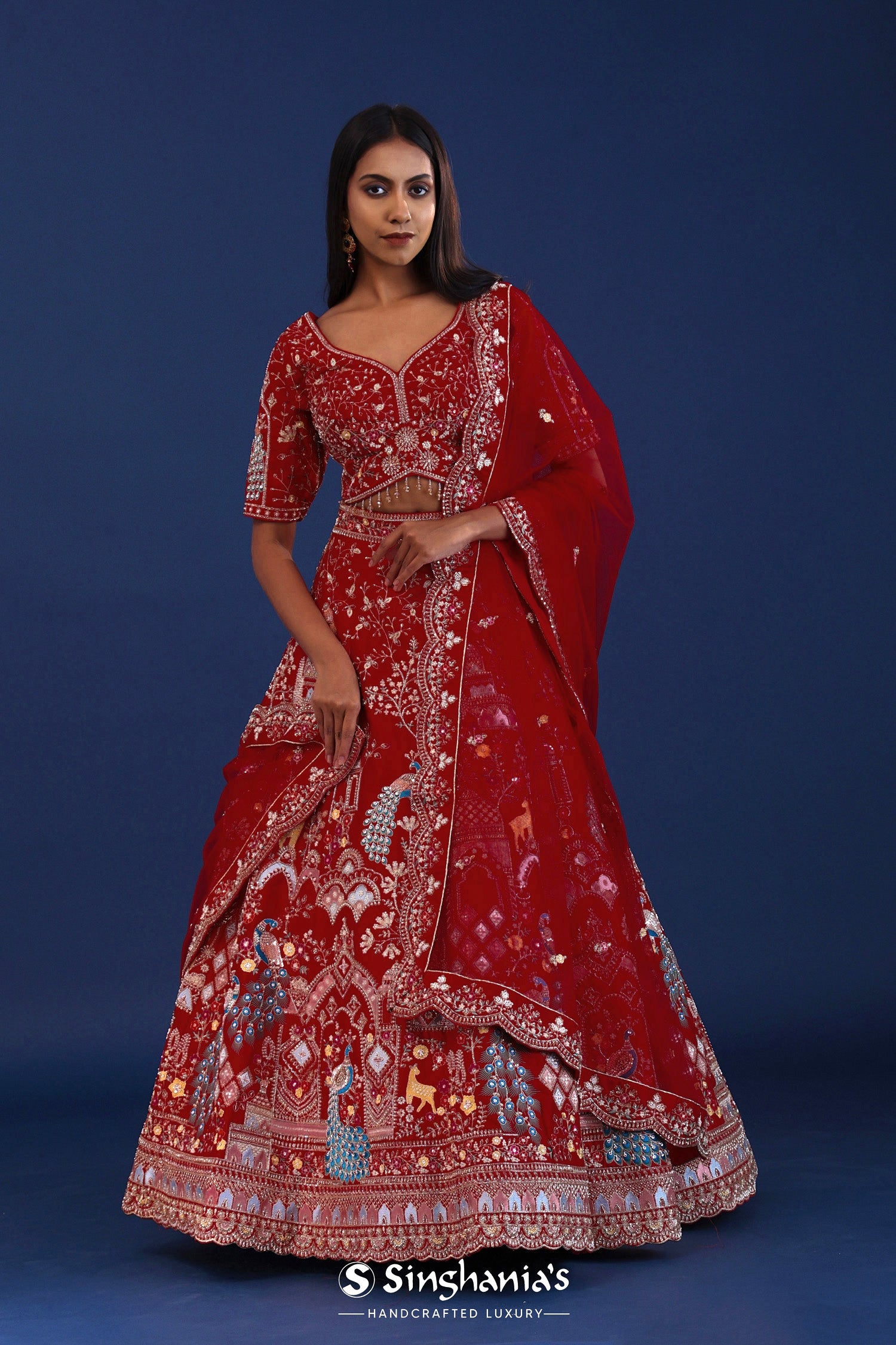 Cherry Red Raw Silk Zardosi Embroidered Lehenga Set