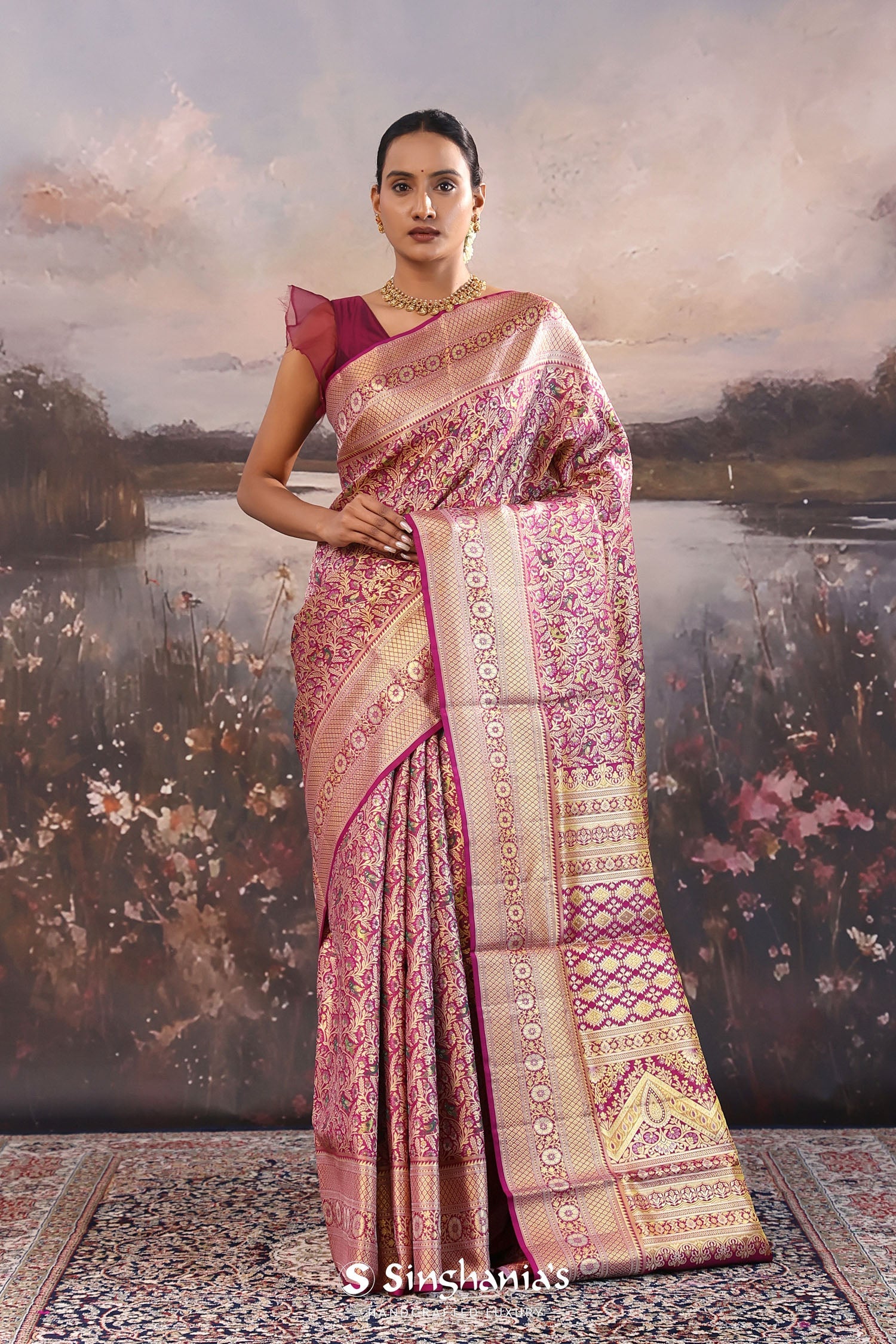 Boysenberry Magenta Kanjivaram Silk Saree With Jaal Pattern