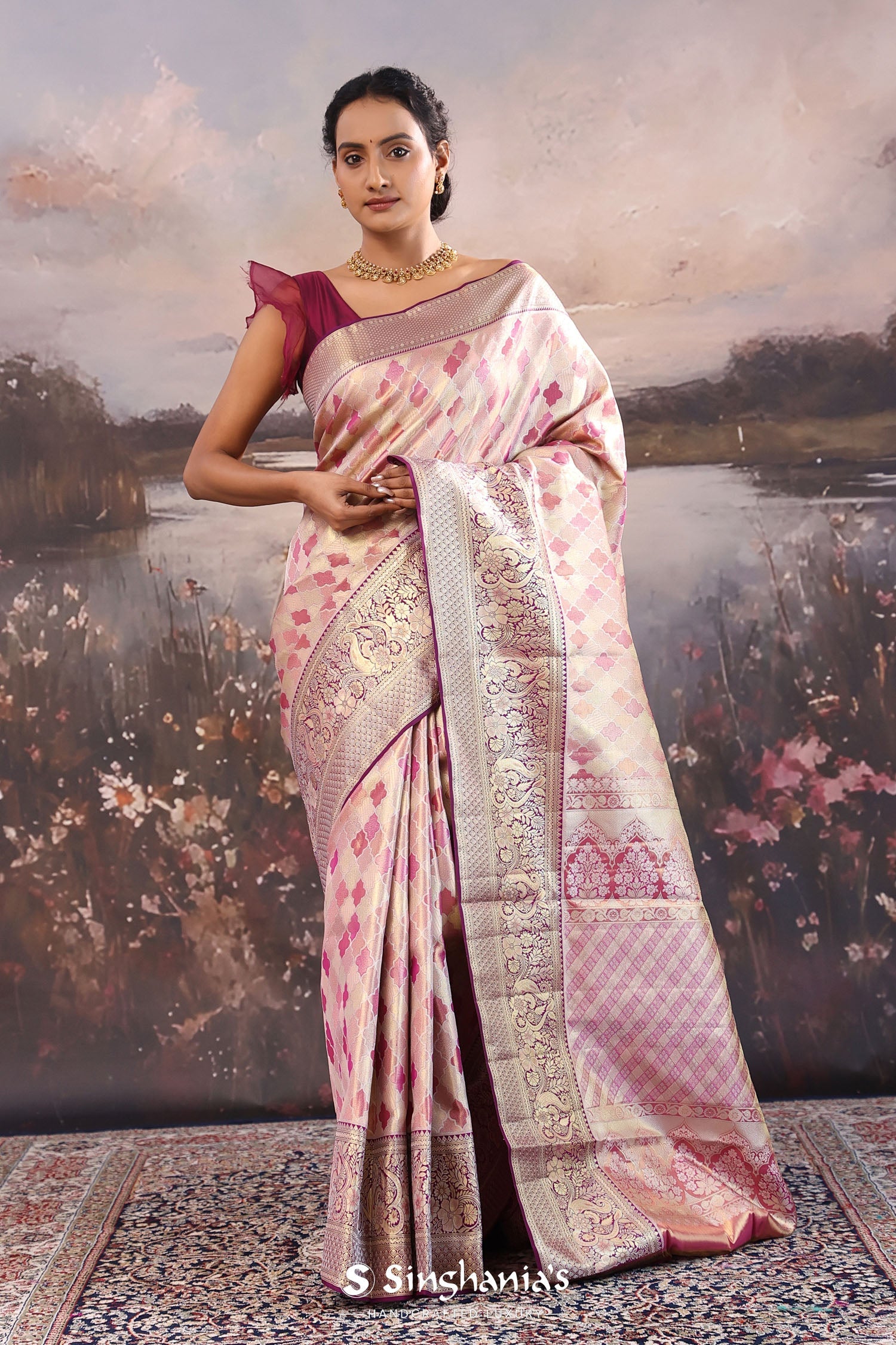 Dark Purple Kanjivaram Tissue Saree With Rangkat Design