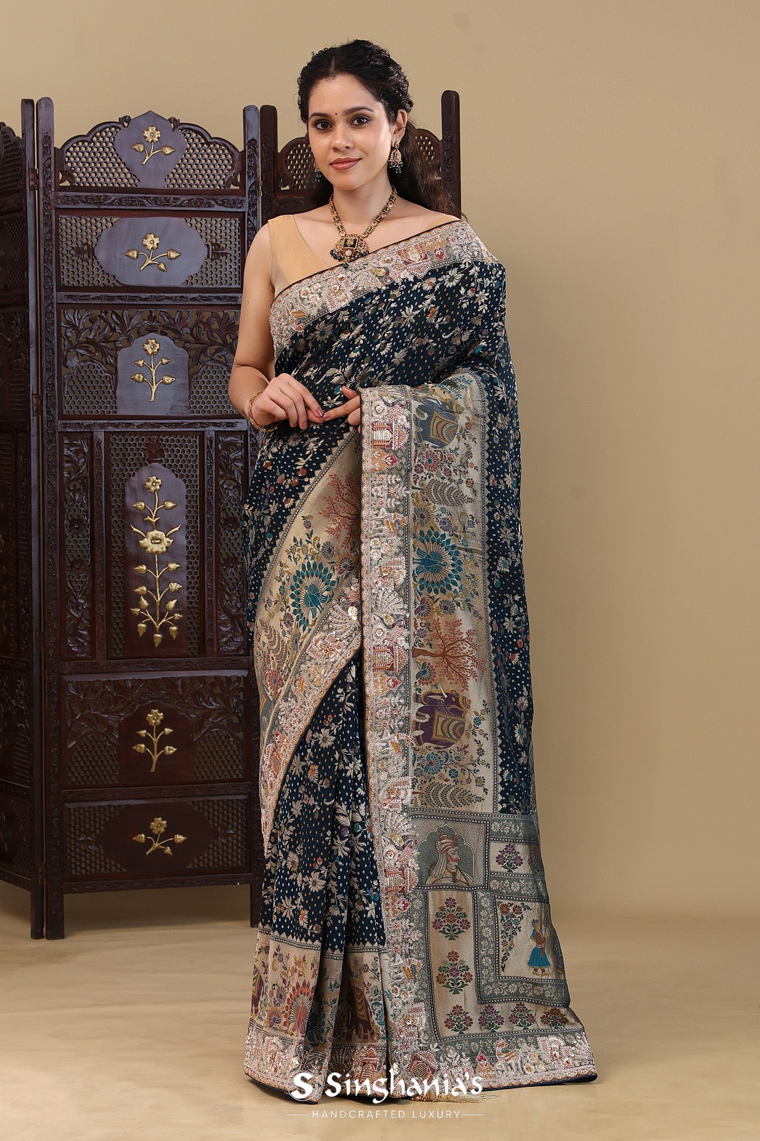 Bottle Green Bandhani Printed Tissue Saree With Scallop Border