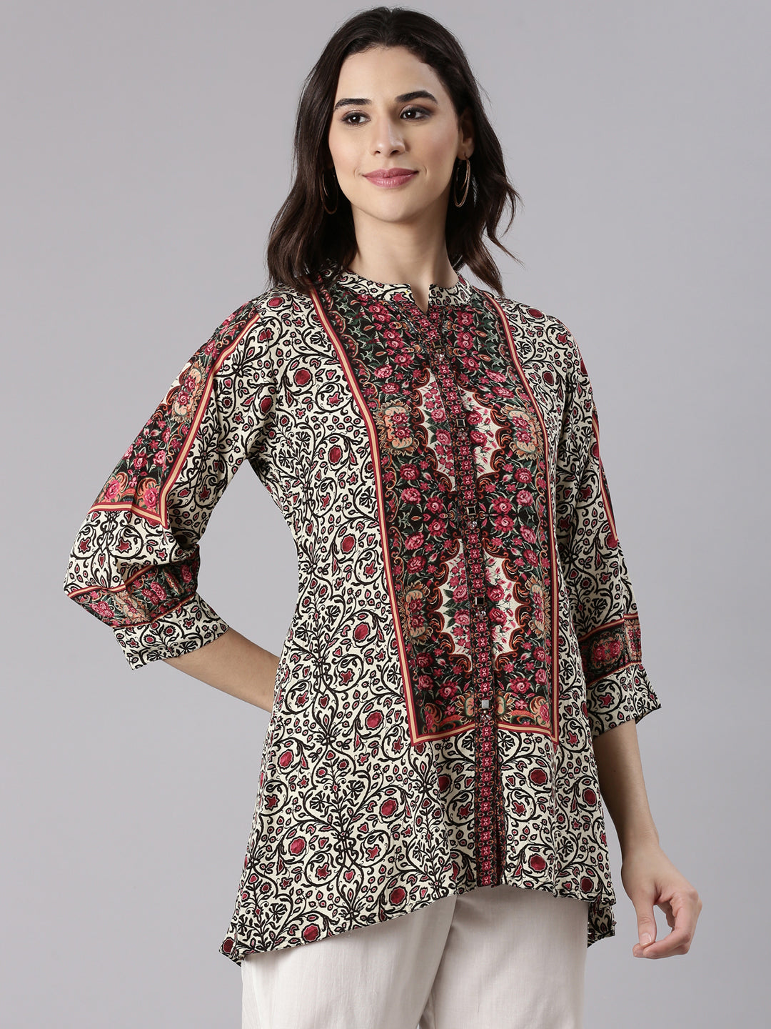 Cream Crepe Kalamkari Print Top