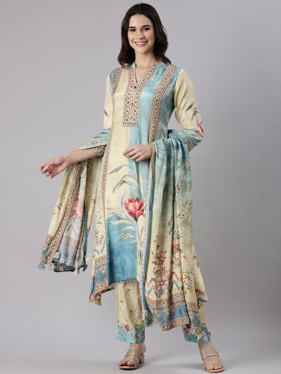 Cream Muslin Printed Three Piece Set