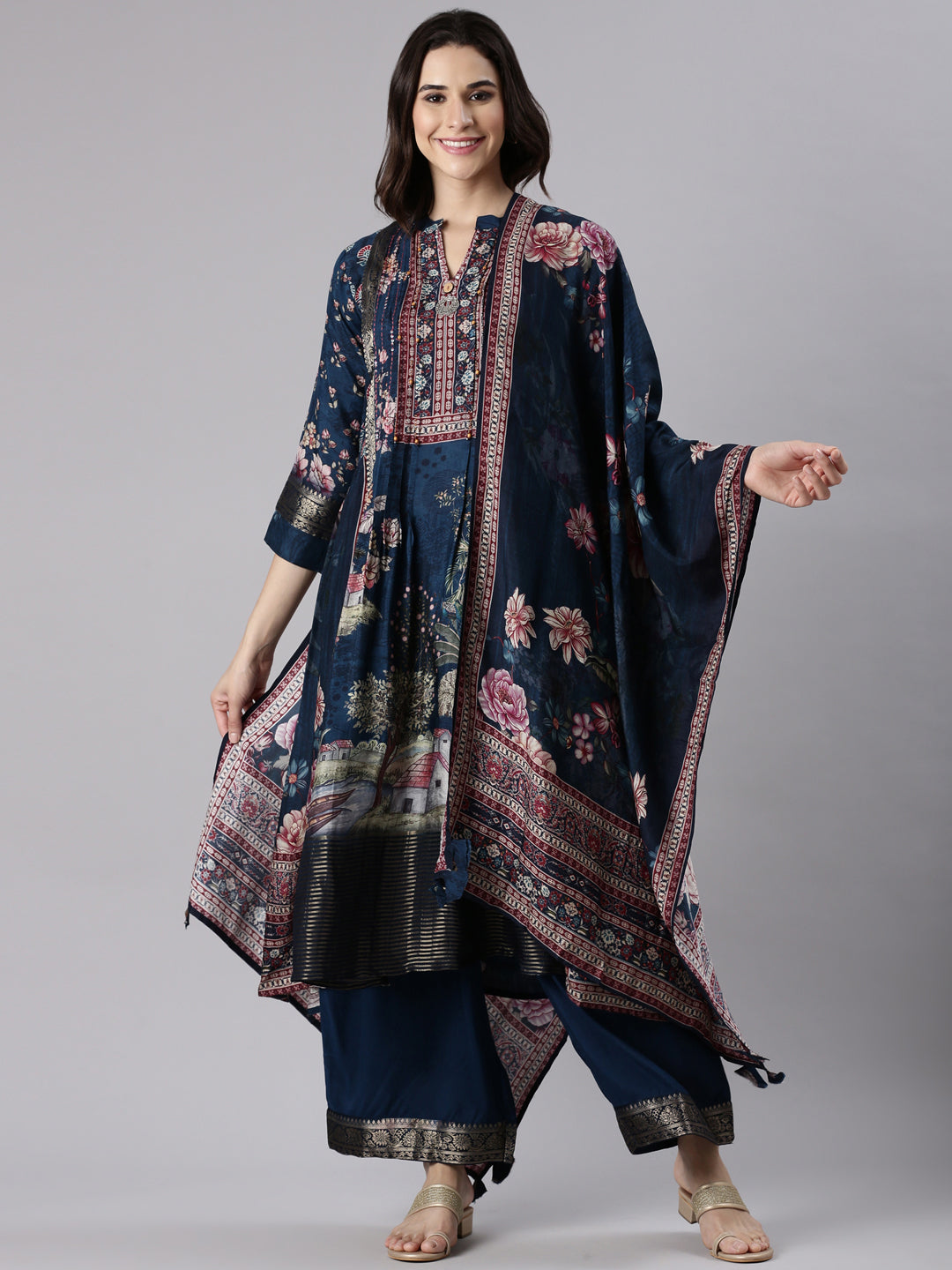 Blue Muslin Printed Three Piece Set