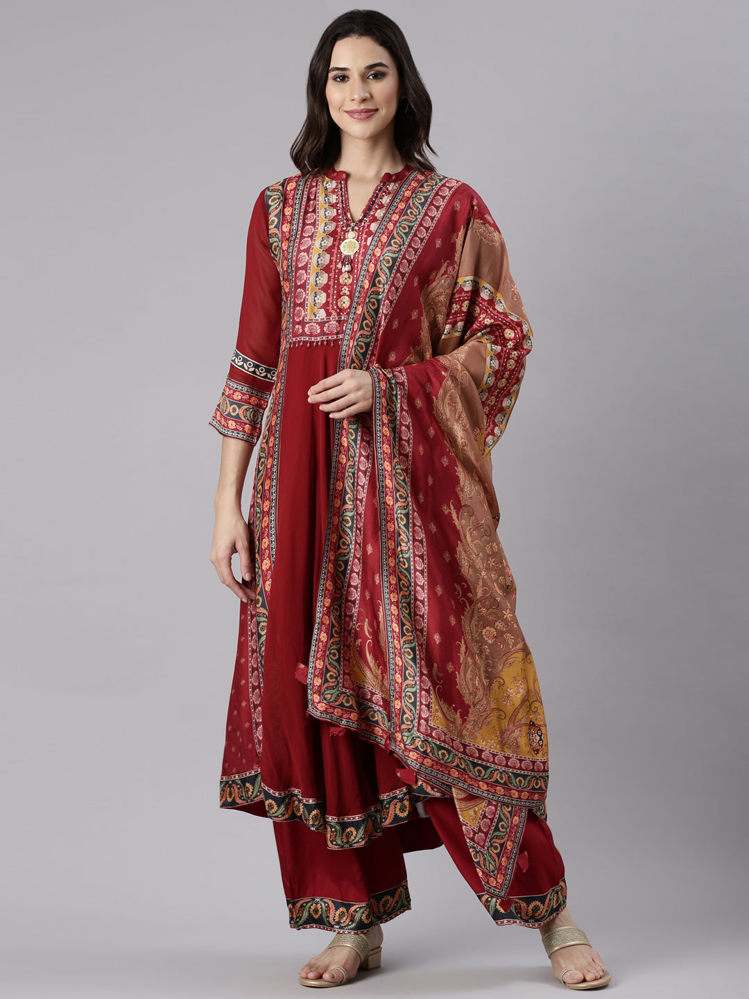 Maroon Georgette Anarkali Three Piece Set