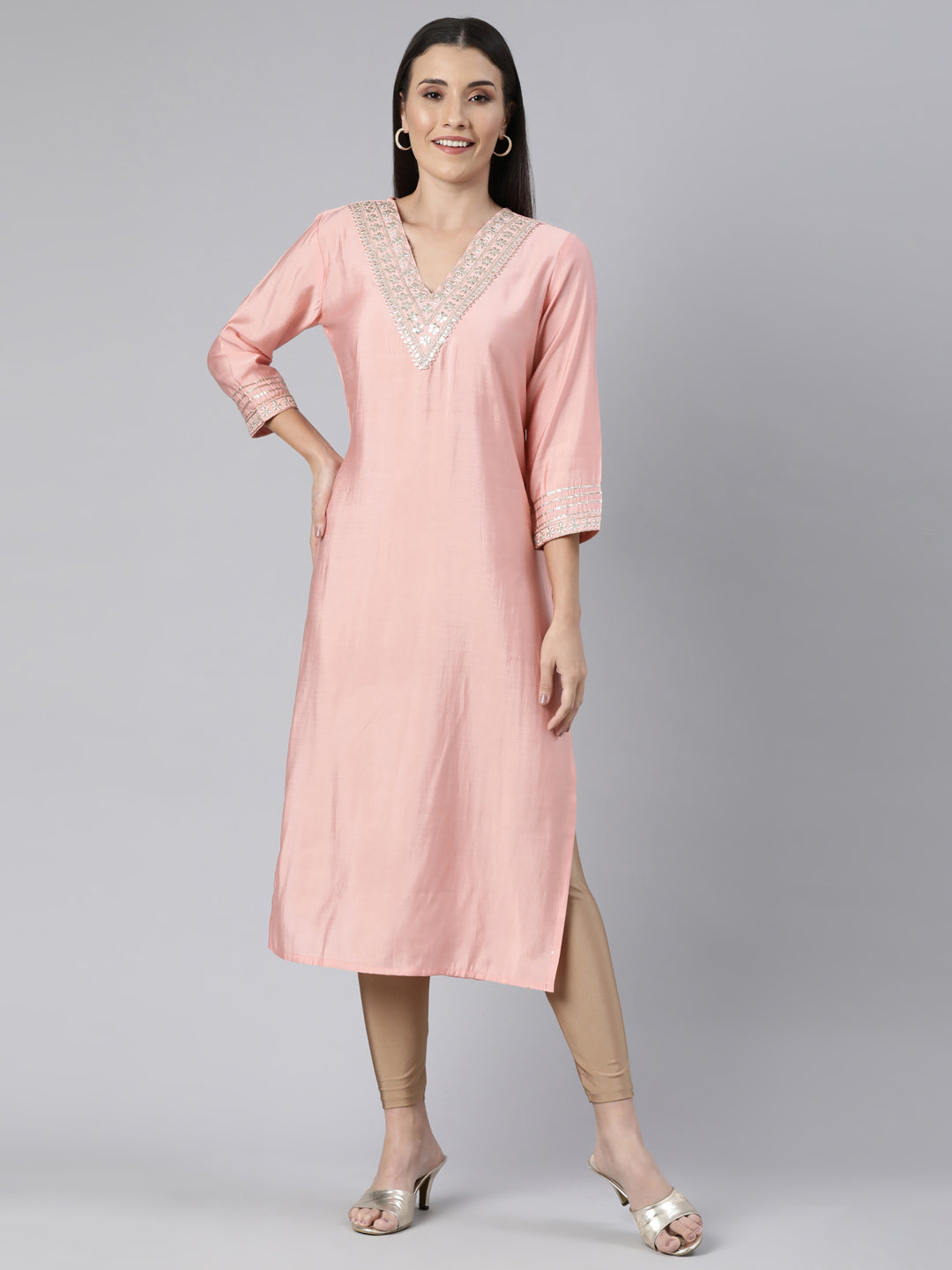 Neerus Peach Regular Straight Solid Kurtas