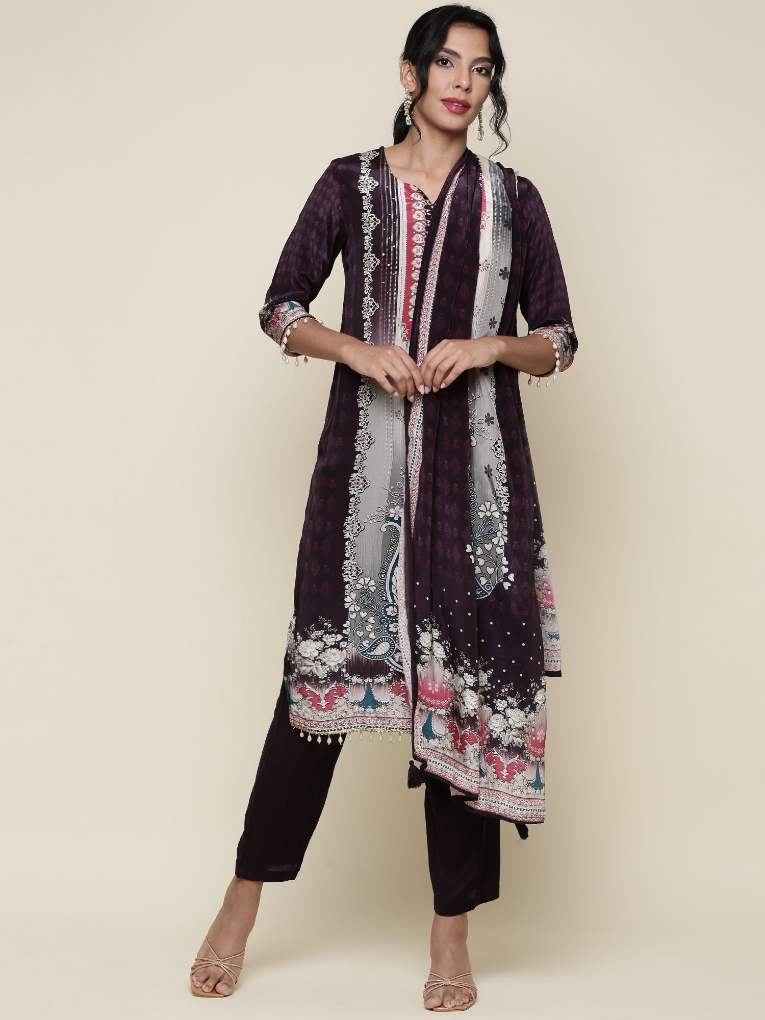 Deep wine Digital printed Three piece suit set