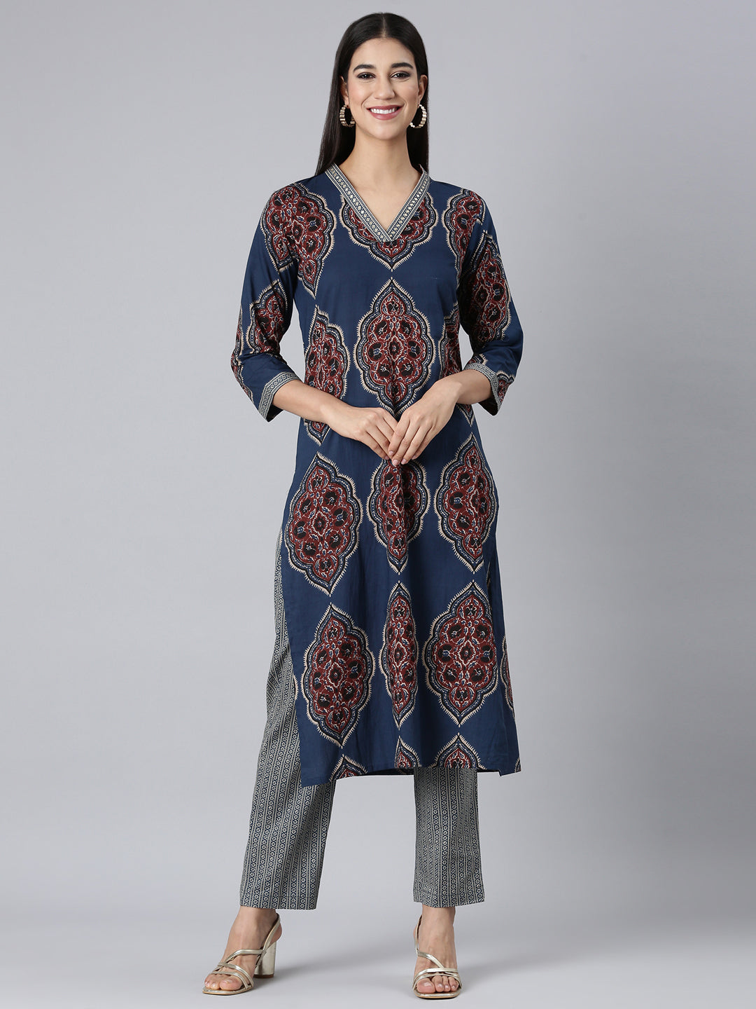Neerus Blue Printed Straight Kurta and Trousers