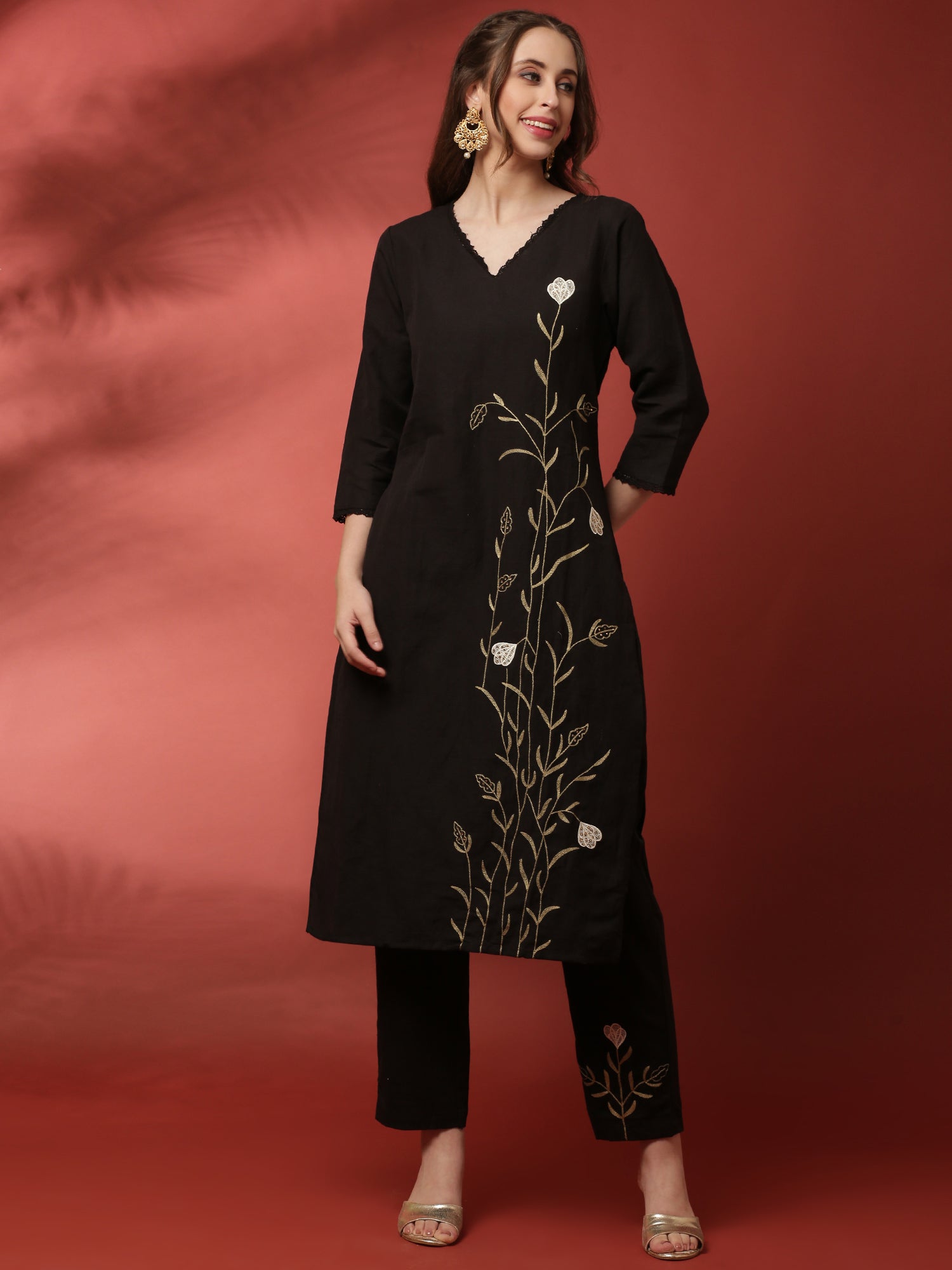 Black linen thread embroidery two piece suit set